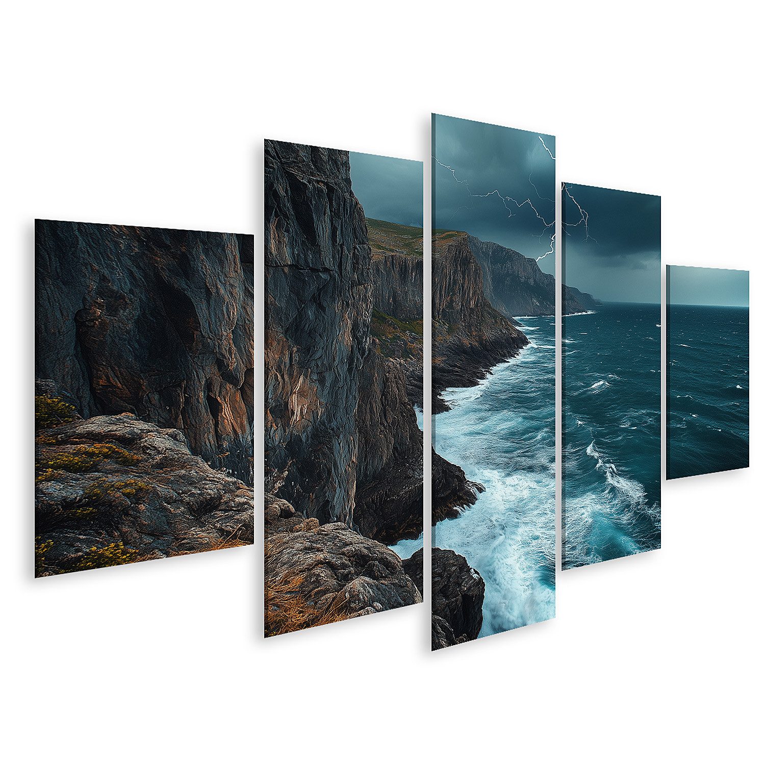 Leinwandbild Stürmische Klippen und Meer mit Blitz