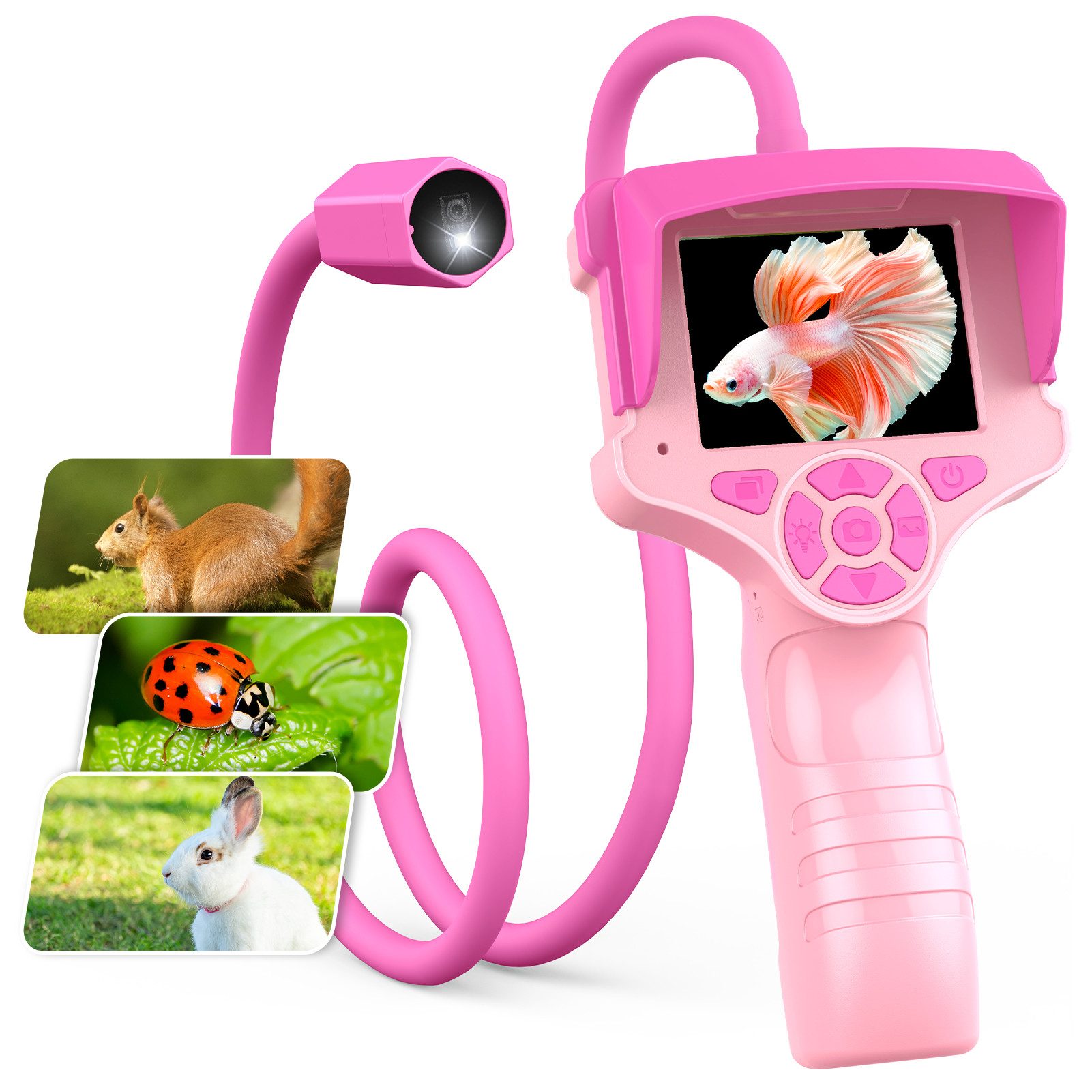 Wootoy Lernspielzeug Kinder Endoskop Inspektionskamera mit HD-Kamera 2-fach Zoom LED-Licht (Ca. 7,2 m flexibler Kameraschlauch mit IP67-Schutz, 1-St., mit 32 GB Speicher einstellbarer Helligkeit abnehmbare Sonnenblende), 600-mAh-Akku mit Type-C-Ladeanschluss