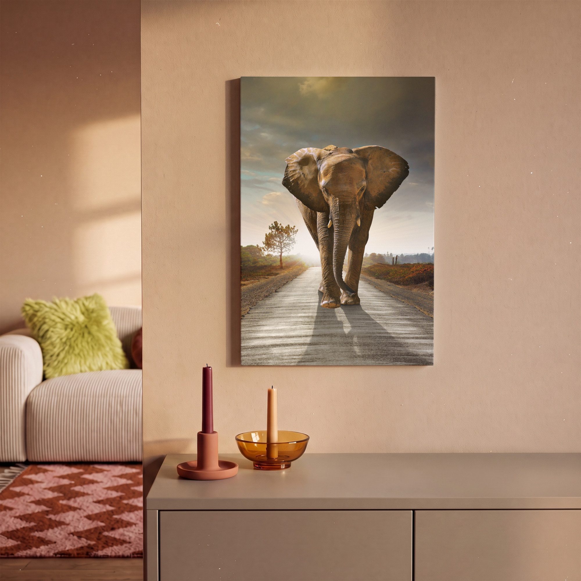 OneMillionCanvasses® Leinwandbild Elefant - Straße - Tiere - Sonnenuntergang - Landschaft, Fotodruck (1 St), Leinwand Bilder Klein, Wand Dekoration Aesthetic 30 – Bild 2 von 5