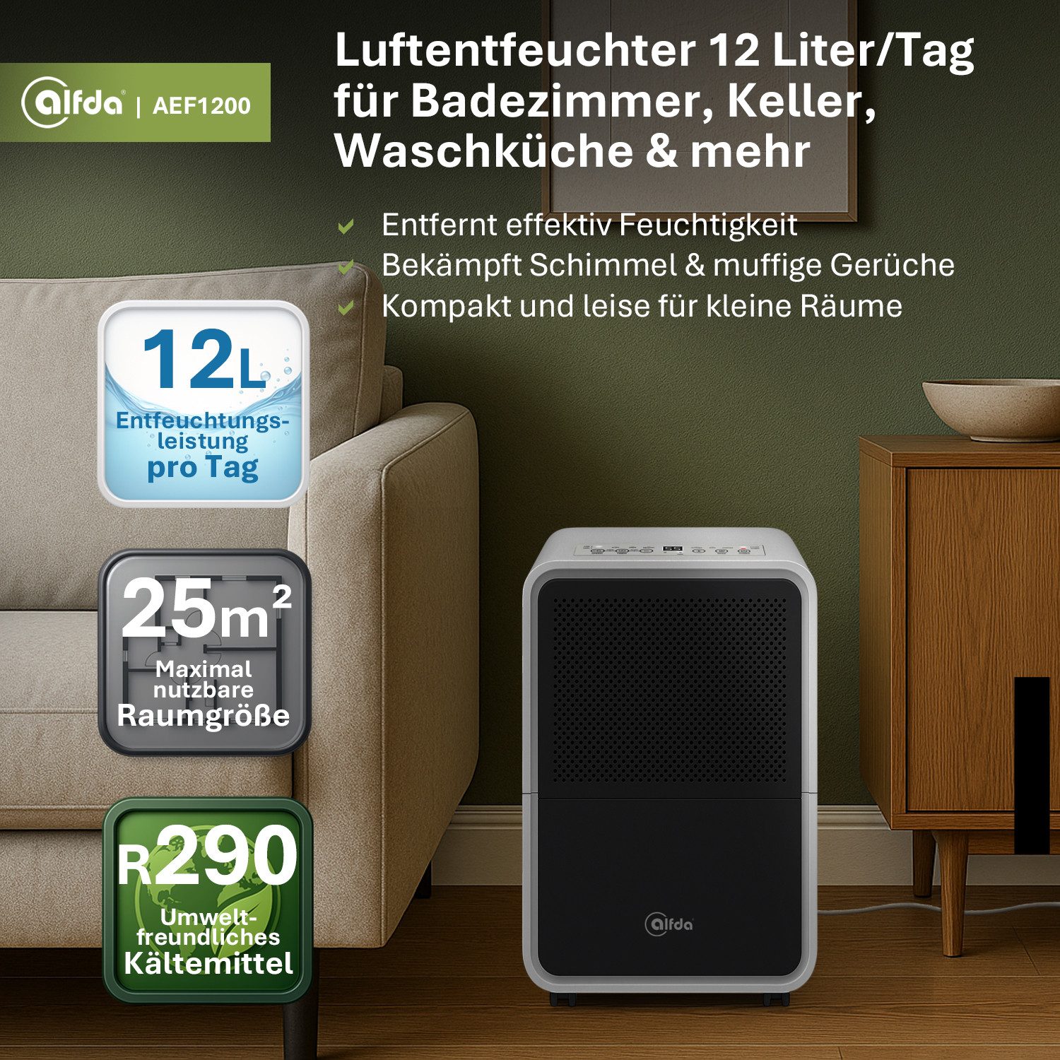 alfda Luftentfeuchter AEF1200, für 62 m³ Räume, Entfeuchtung 12,00 l/Tag, Tank 2,50 l, Automatikprogramm, bis 25 m², Drainageanschluss, gegen Feuchtigkeit