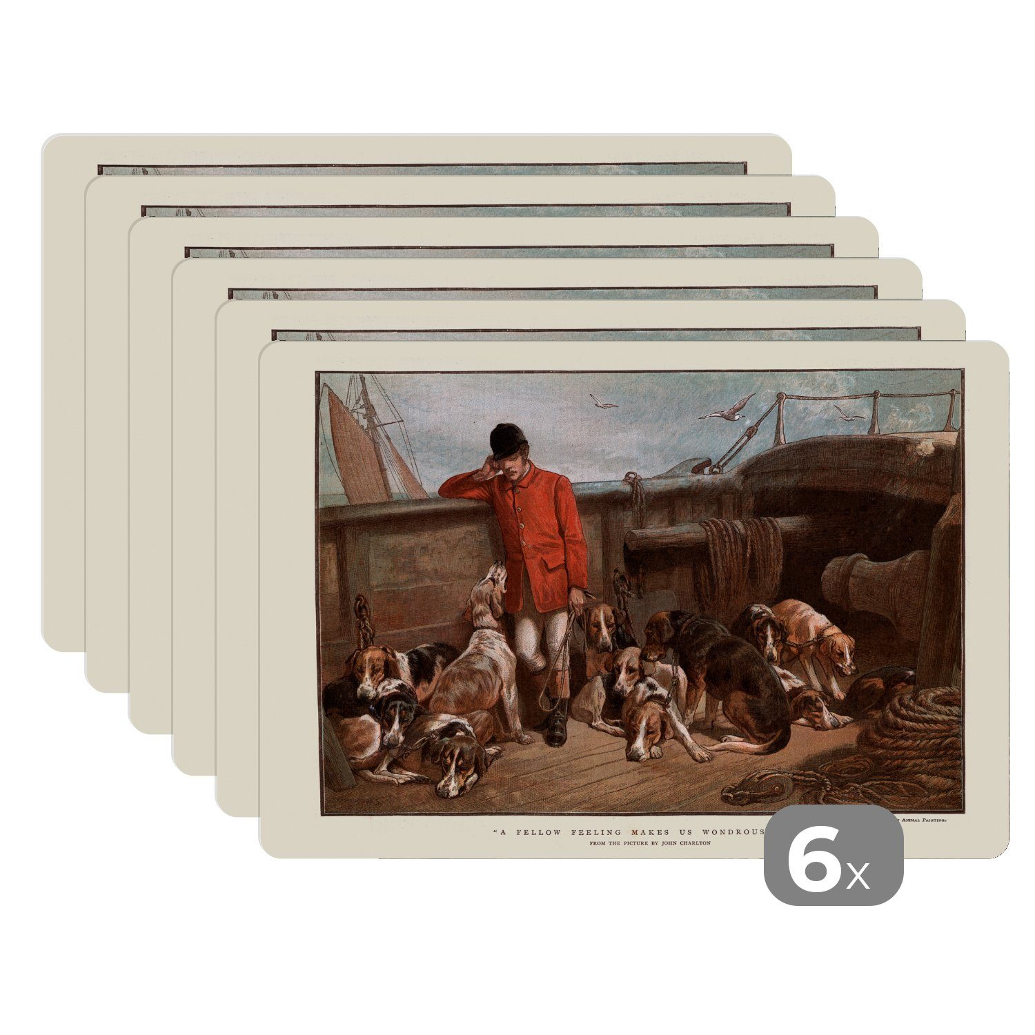 Platzset, Eine Illustration eines Jägers mit seinen Jagdhunden, MuchoWow, (6-St), Platzset, Platzdecken, Platzmatte, Tischmatten, Schmutzabweisend