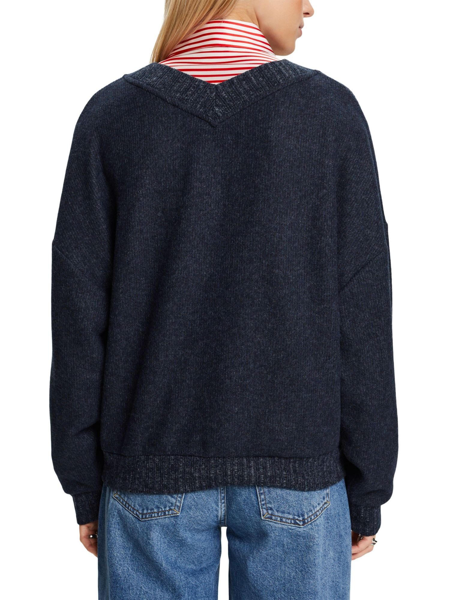aus gebürstetem V-Ausschnitt-Pullover Sweatshirt NAVY Esprit Strick (1-tlg)