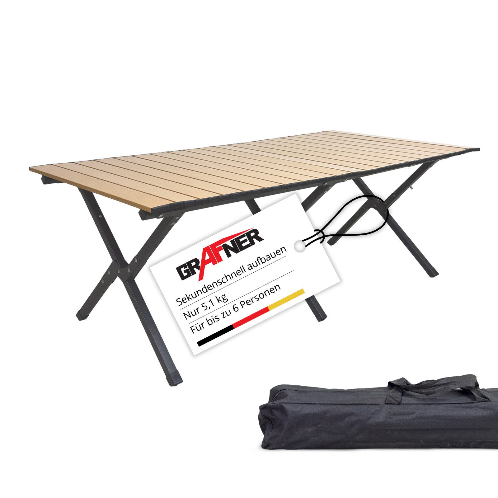 Grafner Campingtisch Rolltisch klappbar Holzoptik 118x58x43 cm inkl. Transporttasche (2-St), Robust, stabil, für bis zu 6 Personen
