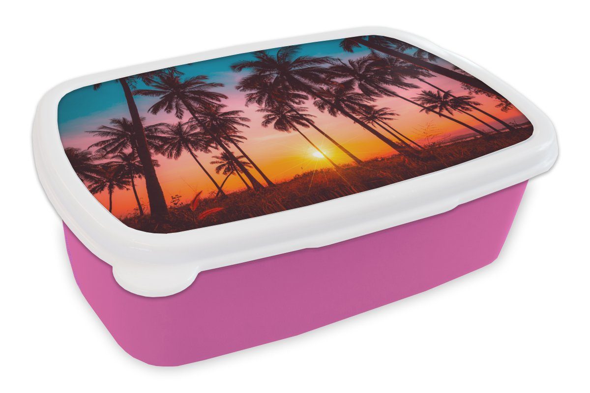 MuchoWow Lunchbox Palme - Sonnenuntergang - Horizont - Strand - Orange - Rosa, Kunststoff, (2-tlg), Brotbox für Erwachsene, Brotdose Kinder, Snackbox, Mädchen, Kunststoff