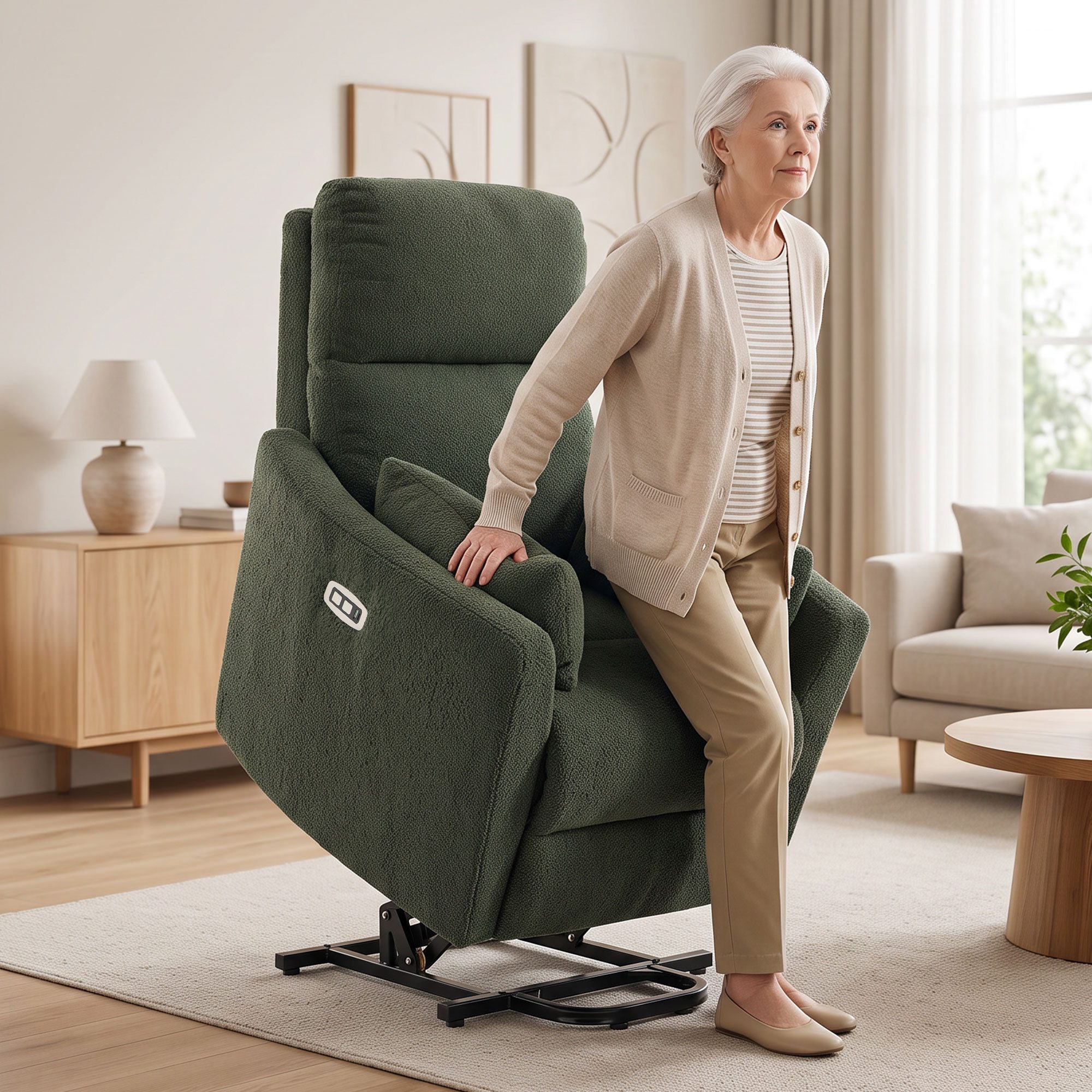 HOMCOM Relaxsessel Fernsehsessel mit Liegefunktion in Teddyfleece-Optik Dunkelgrün (Set, 1-St., 1), Aufstehhilfe, Massage, Wärme, USB-A,USB-C