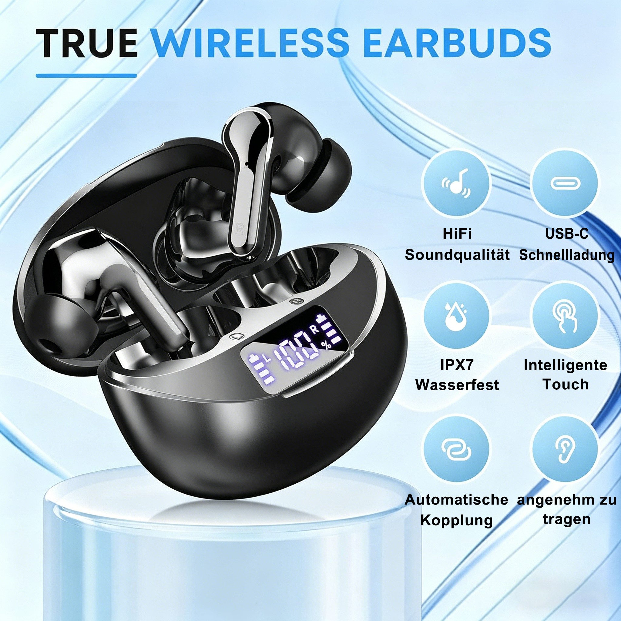 ibettertec 2026 Neue In Ear Kopfhörer, In Ear Ohrhörer, Kopfhörer kabellos Open-Ear-Kopfhörer (Noise Cancelling 50 Std Spielzeit In Ear Kopfhörer mit 6 ENC Noise Cancelling Mics, IP7 Wasserdicht Ohrhörer, Kabellose Kopfhörer mit LED-Anzeige, HiFi Stereo)