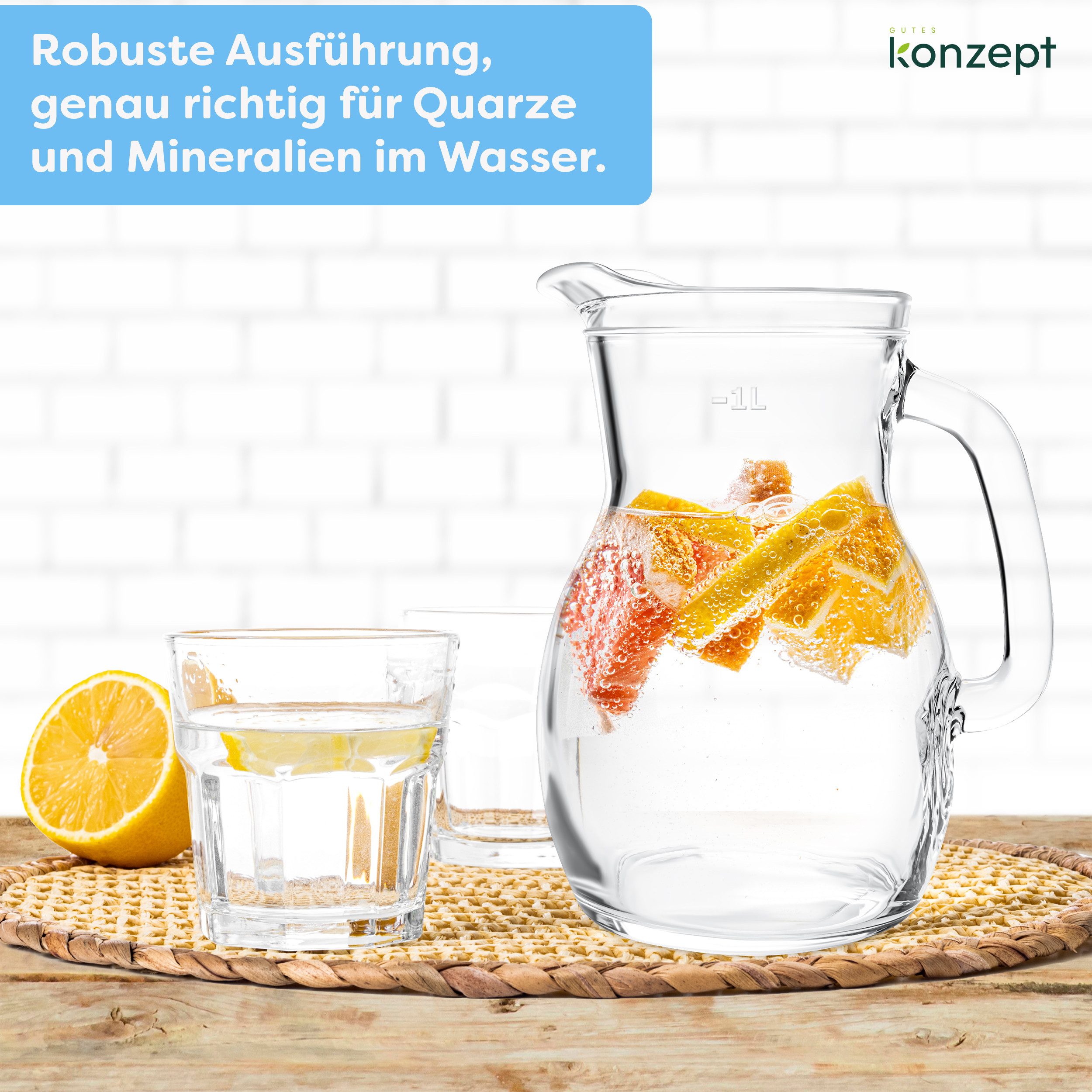KONZEPT Wasserkrug 1L aus Glas – Robuster Glaskrug mit bequemem Griff, (1-tlg), Ergonomischer Griff, Füllstandsanzeige, Spülmaschinenfest