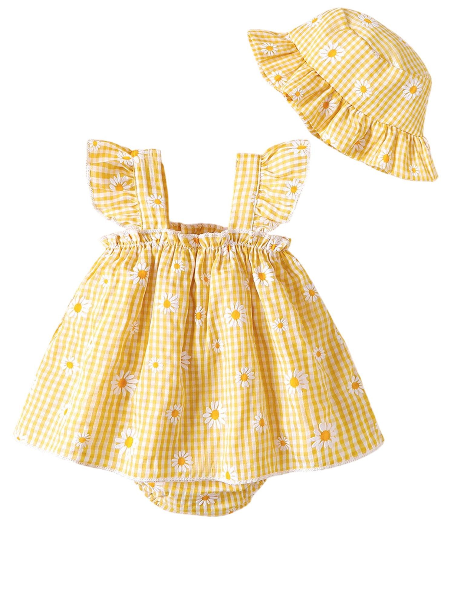 Gluckids Strampler Baby-Mädchen-Set aus Strampler, ärmellosem Rüschenkleid und Hut (Set, 2-tlg) mit Karomuster und Blumenmuster, süße und casual Kleidung