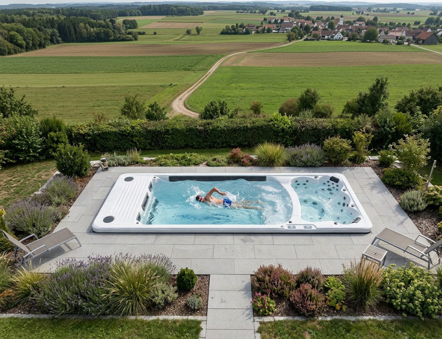 SPA Kompagniet Whirlpool Scandinavic Wood Art "Capri" Swim Spa - Doppelbecken 4P 590×228 cm, Aufstellbecken, (Komplett mit Doppelbecken, Thermo-Cover, 4 Filtern und LED-Licht), Swim Spa mit getrenntem Pool- und Spa-Bereich und 48 Düsen