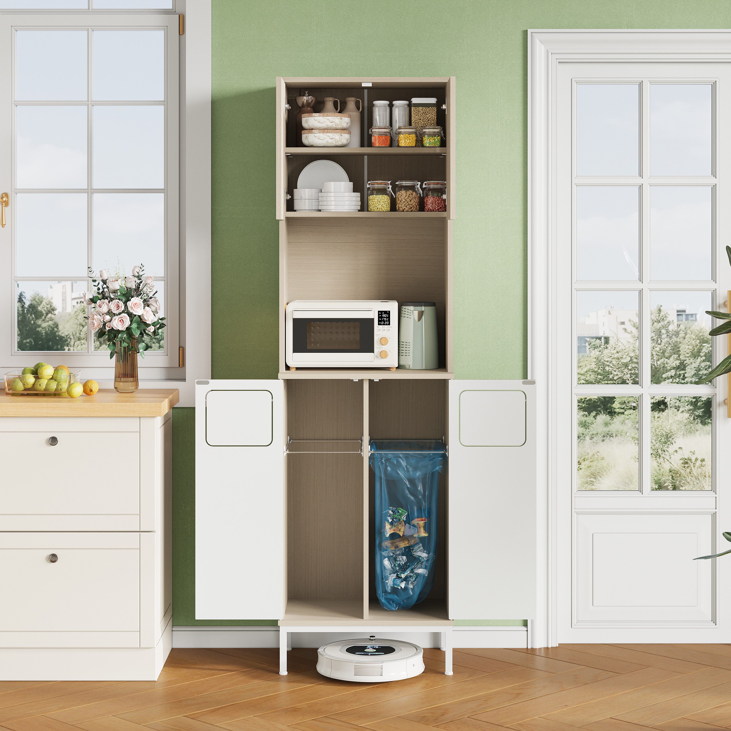 REDOM Küchenbuffet 53x35x181 cm, Hochschrank mit Müllablage & Mikrowellenfach (Packung, 1-St., Höhenverstellbarer Stauraum für Staubsauger & Reinigungsmittel) Platzsparender Trash Cabinet für Küche & Hauswirtschaftsraum