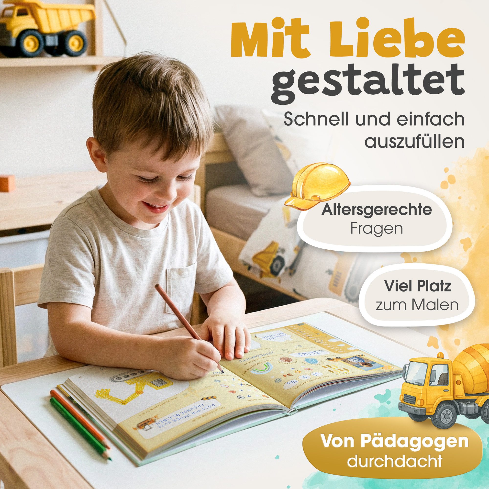 Eulentaler Freundebuch Kindergarten Baumaschinen & Bagger I Von Erzieherinnen gestaltet I + Goldprägung, Handgemalte Illustrationen I Kinderfreundliche Gestaltu – Bild 4 von 5