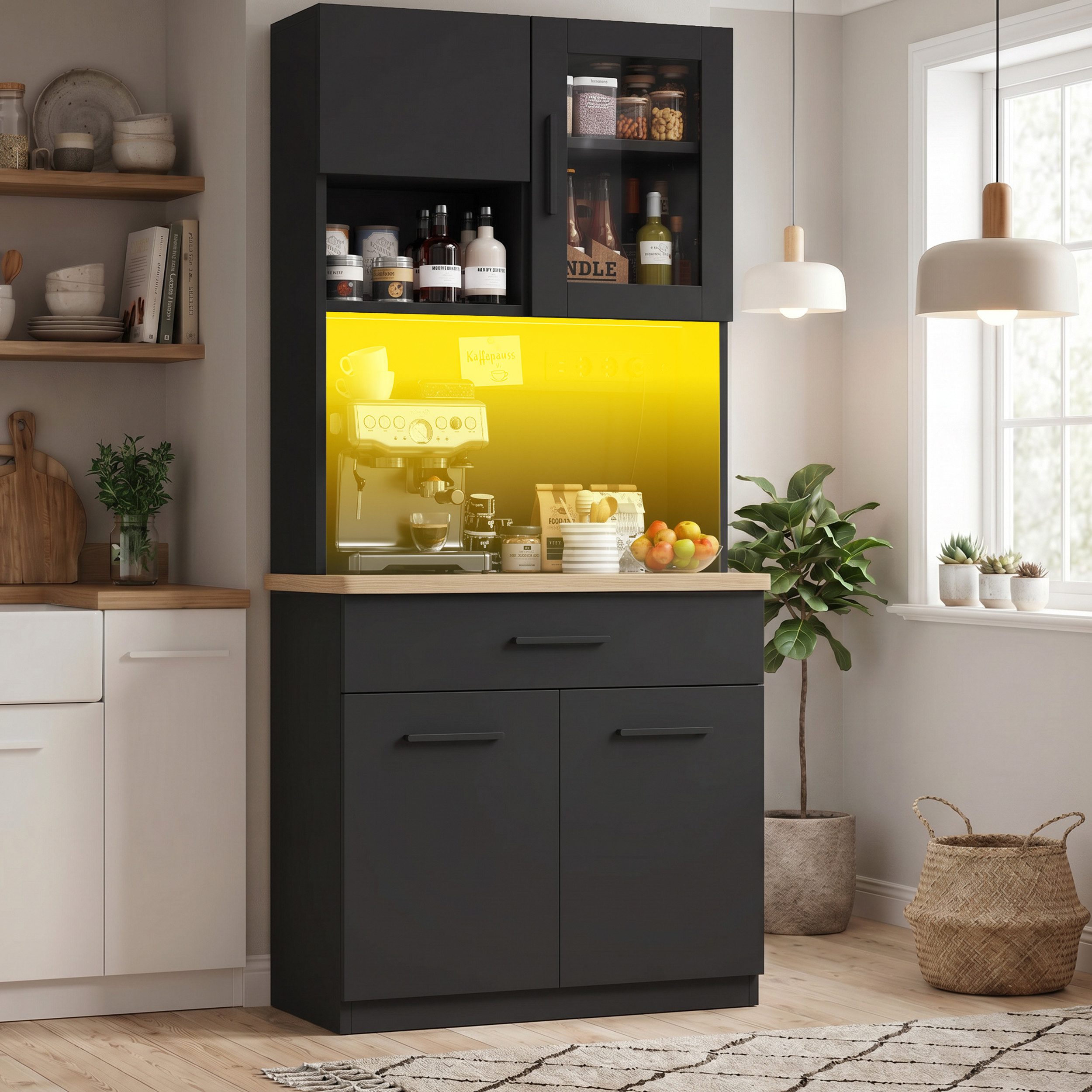 HOMALL Küchenbuffet Hohe Schränke, Küchenzeilen, Sideboards, mit LED-Beleuchtung (Maße: 80/100 × 40 × 182 cm, mit 3 Schubladen + 3 Schranktüren + 1 offenem Staufach und Arbeitsplatte, 2 Steckdosen + 2 USB-Anschlüssen, mit verstellbaren Einlegeböden)
