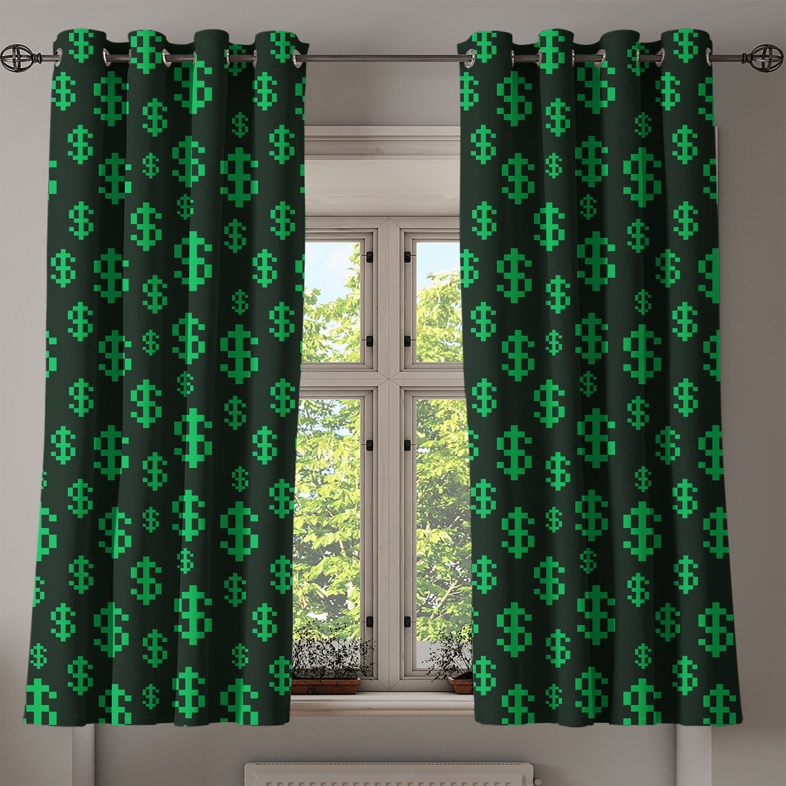 für Art-Dollar-Muster Gardine Abakuhaus, 2-Panel-Fenstervorhänge Pixel Wohnzimmer, Geld Schlafzimmer Dekorative