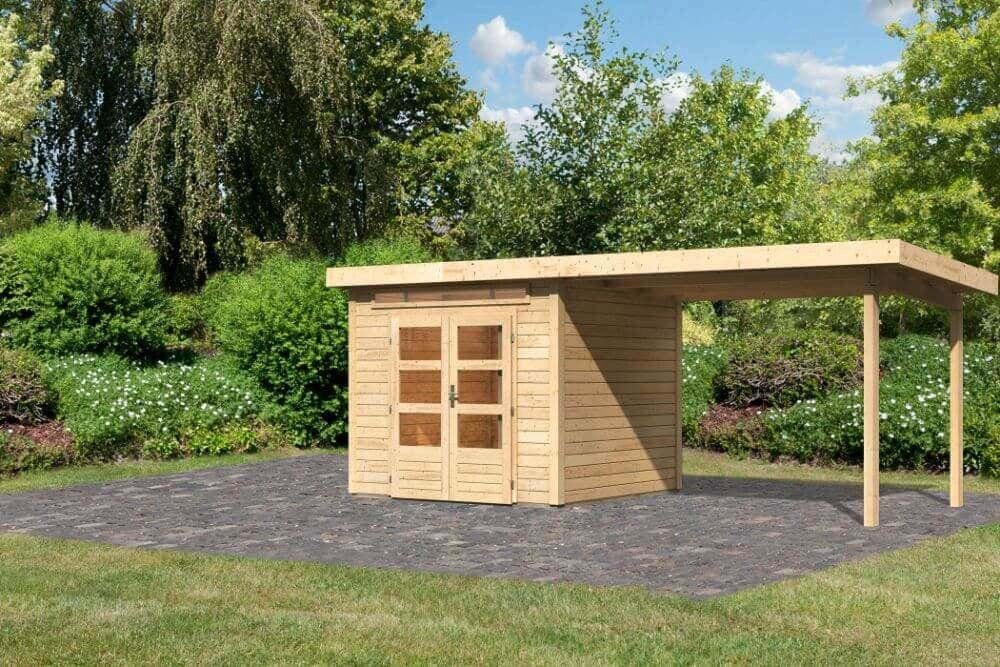 Gartenhaus mit Karibu 3 Kandern Anbaudach cm BxT: Gartenhaus Beige Karibu Woodfeeling m Breite, 612x303