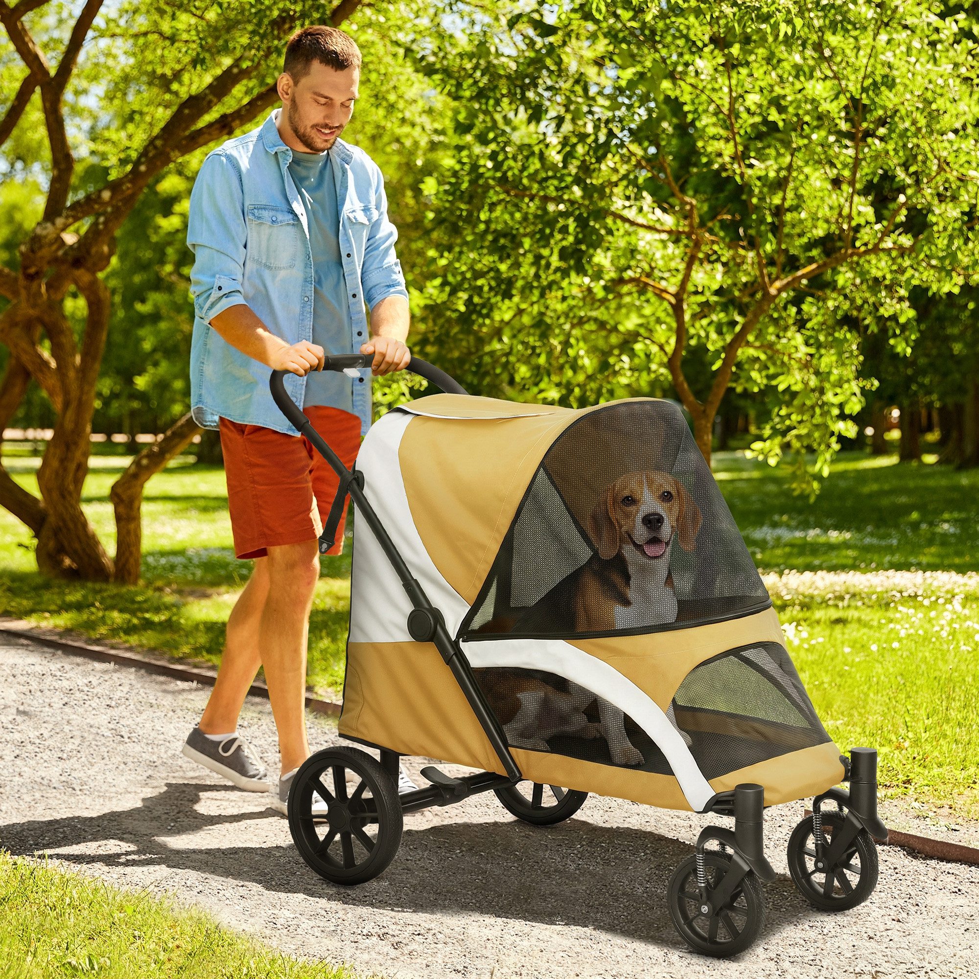 PawHut Hundebuggy Hundewagen klappbar mit Kissen Buggy, (Katzenwagen, 1-tlg), für mittelgroße Hunde & Katzen bis 25 kg, Braun