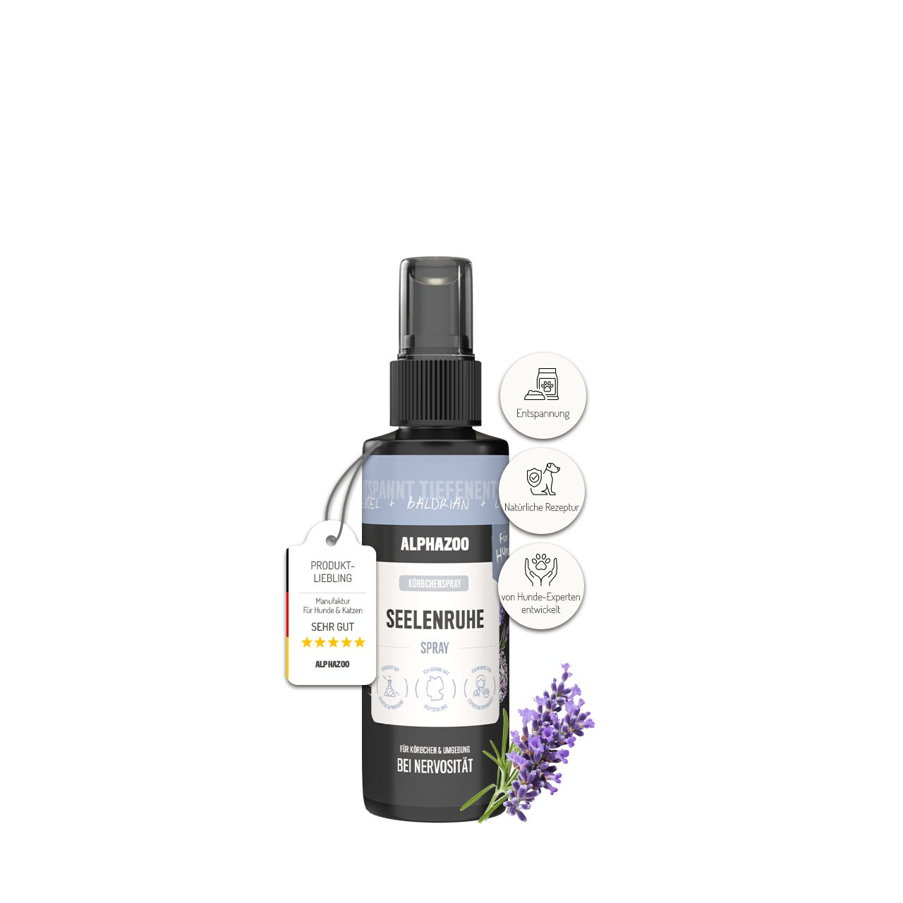 ALPHAZOO Fellpflege Seelenruhe Körbchenspray I Hunde, 100 ml, Natürliches Anti Stress Beruhigungsmittel I mit Baldrian