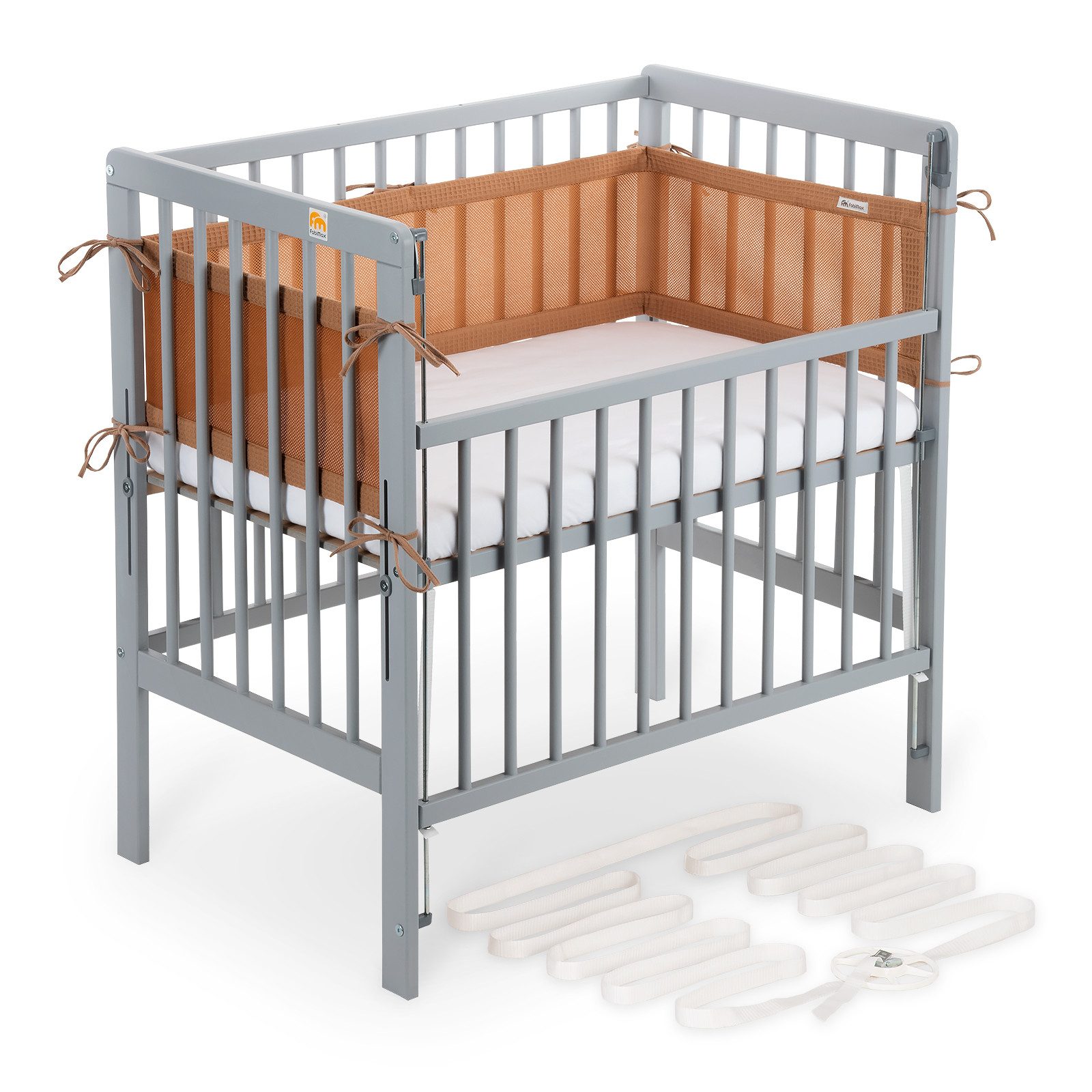 FabiMax Beistellbett Beistellbett Flex 90x55, TÜV geprüft, aus Buchenholz grau lackiert, stufenlos höhenverstellbar, passend für Boxspringbetten, 2 in 1