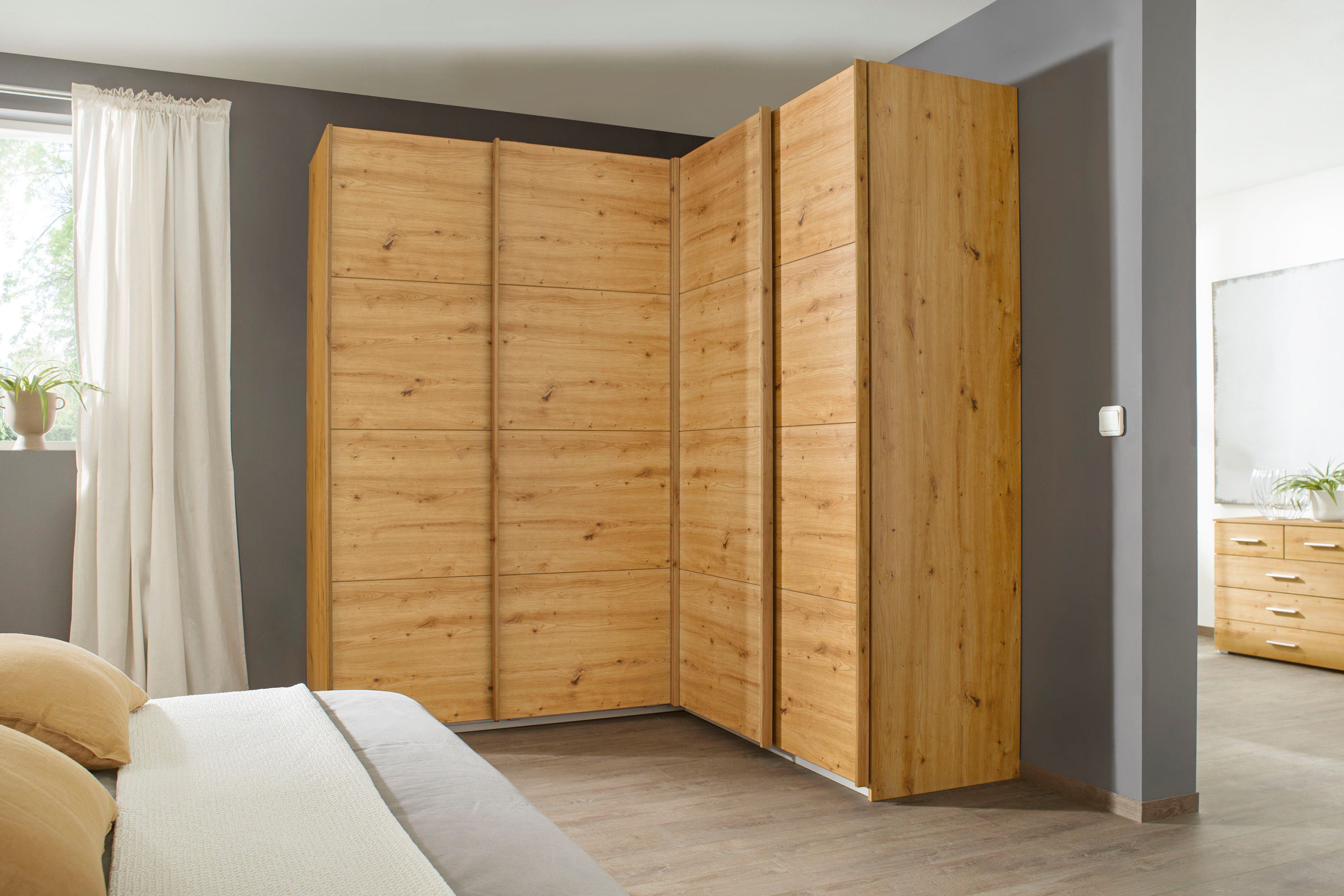 rauch Schwebetürenschrank Schrank Garderobe Eckkleiderschrank QUADRA Front in Dekor/Hochglanz (Maß 181x187 cm, Höhen 210/229 cm, inkl. Soft-Close-Funktion) extra großer Eckschrank inkl. Schubladeneinsatz MADE IN GERMANY
