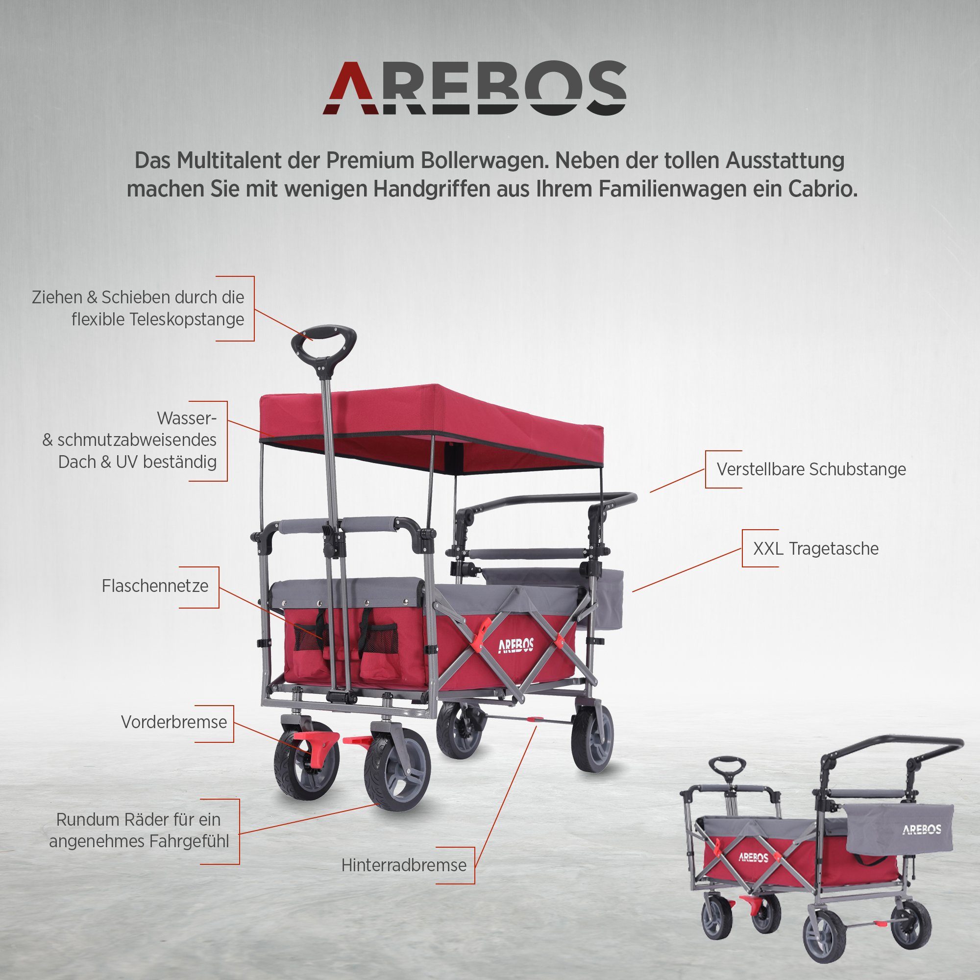 Arebos Bollerwagen mit Dach Premium, Handwagen Transportkarre 100 kg tragekraft, Vorder- und Hinter-Bremse