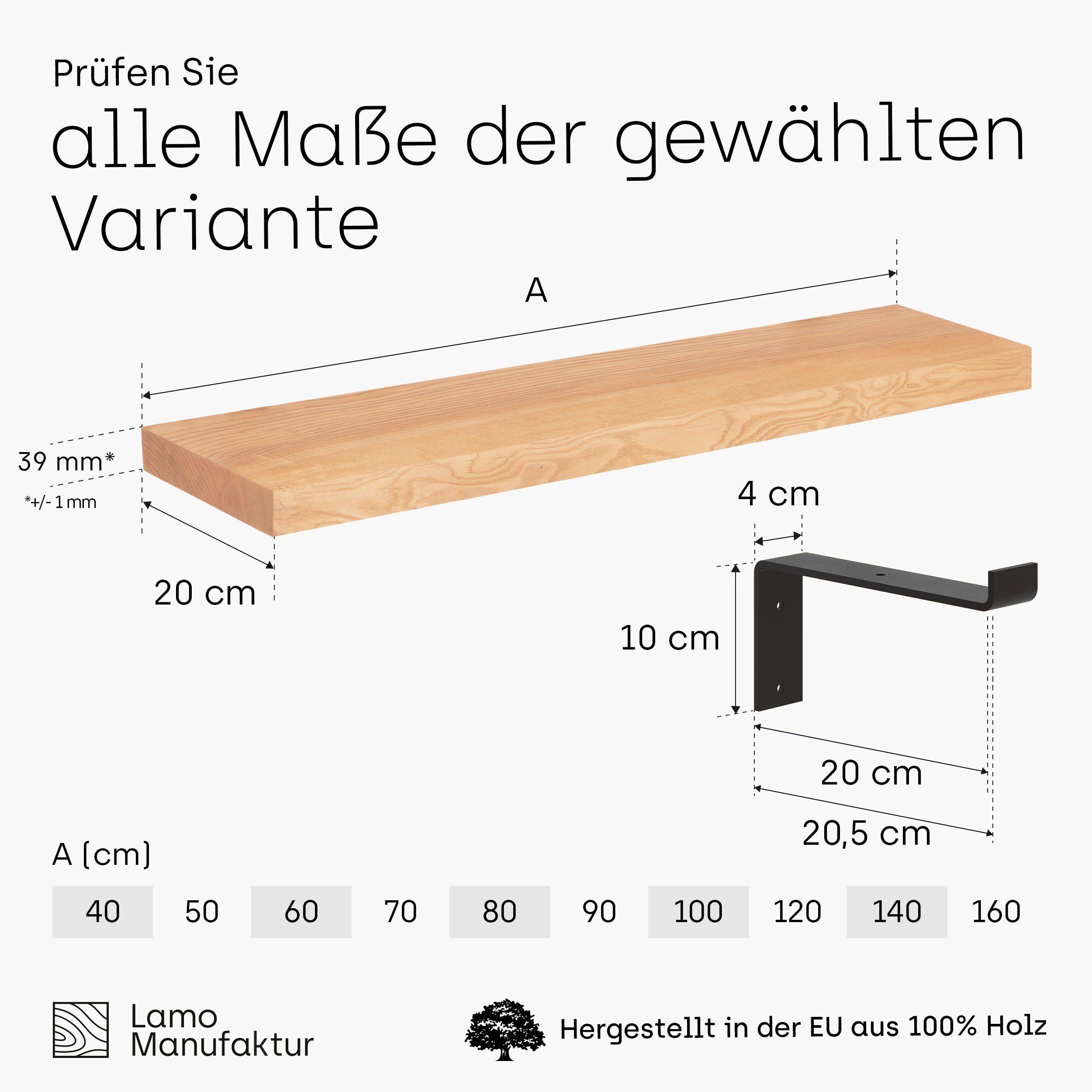 Wandregal Massivholzplatte stake LAMO Original, 40mm Komplett-Set, Natur Manufaktur