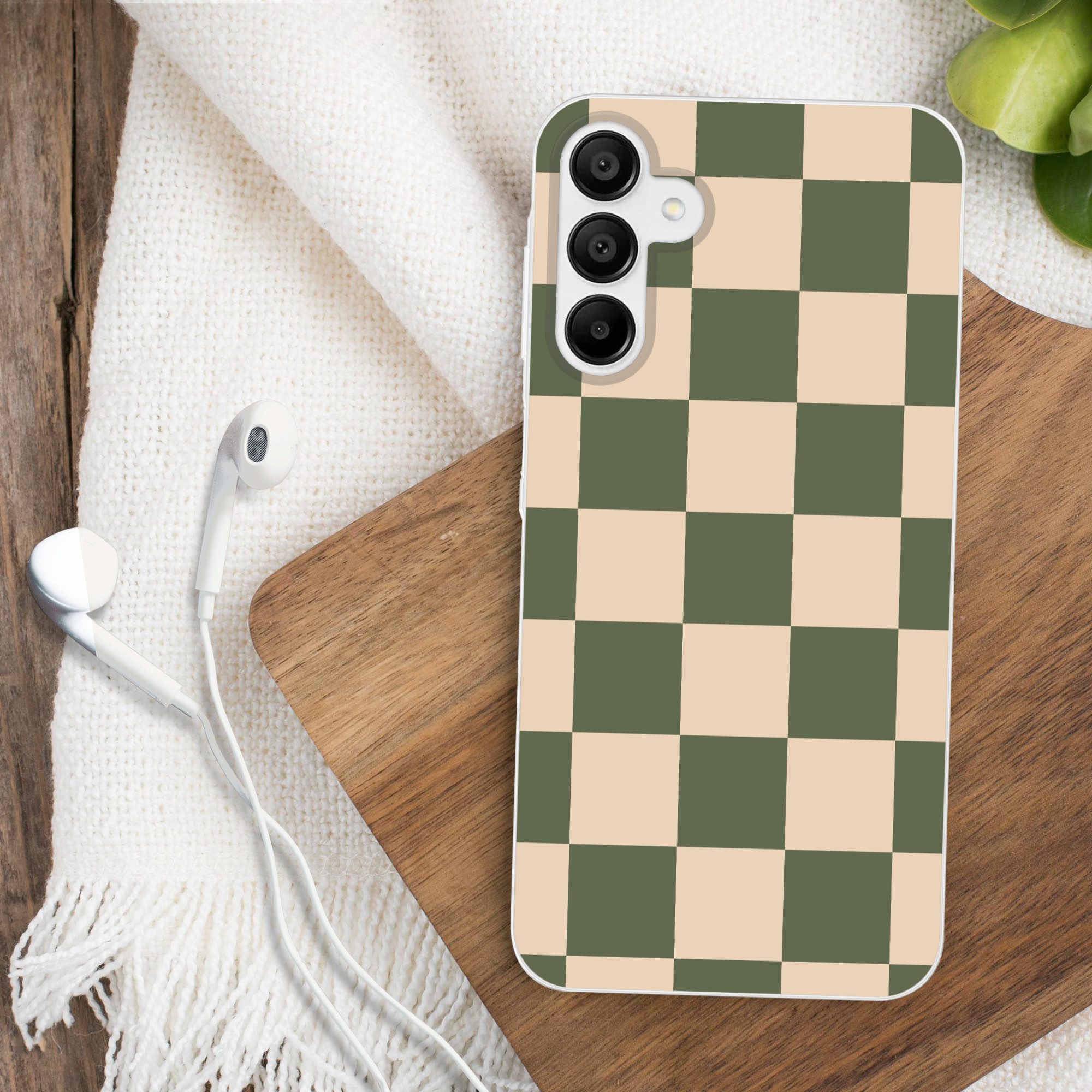 MuchoWow Handyhülle für Samsung Galaxy A15 Schachbrettmuster - Grün - Beige - Blöcke, Smartphone-Bumper, Print, Handy Schutzhülle Dünn