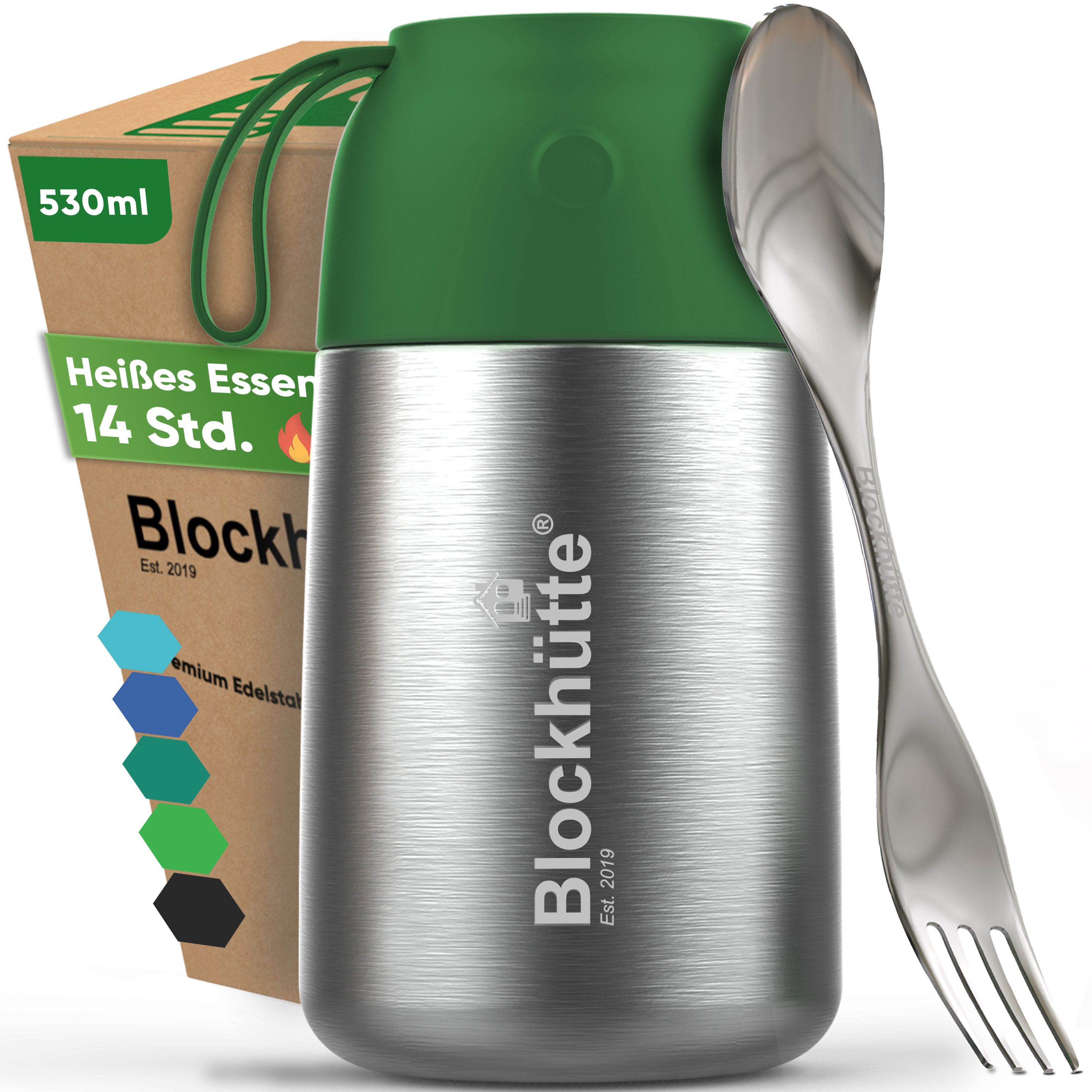 Blockhütte Thermobehälter für Essen - Warmhaltebehälter Essen - Thermo Lunchbox, Edelstahl, Auslaufsicher, 14 Stunden heiß, 19 Stunden kalt