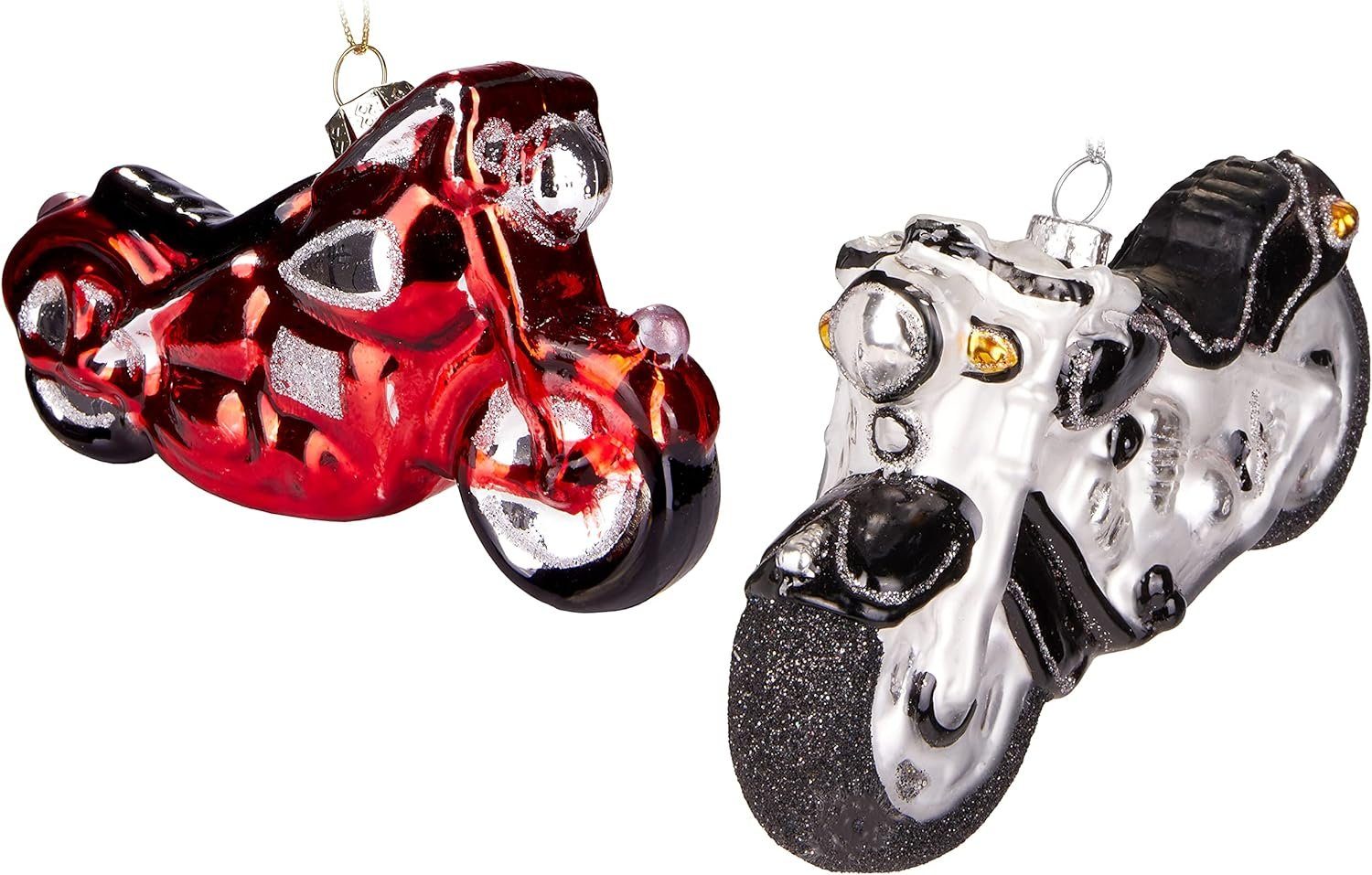 BRUBAKER Christbaumschmuck Weihnachtskugel Set - Motorräder in Schwarz Silber und Rot (2-tlg), Motorradfahrer Set - Mundgeblasene Christbaumkugel