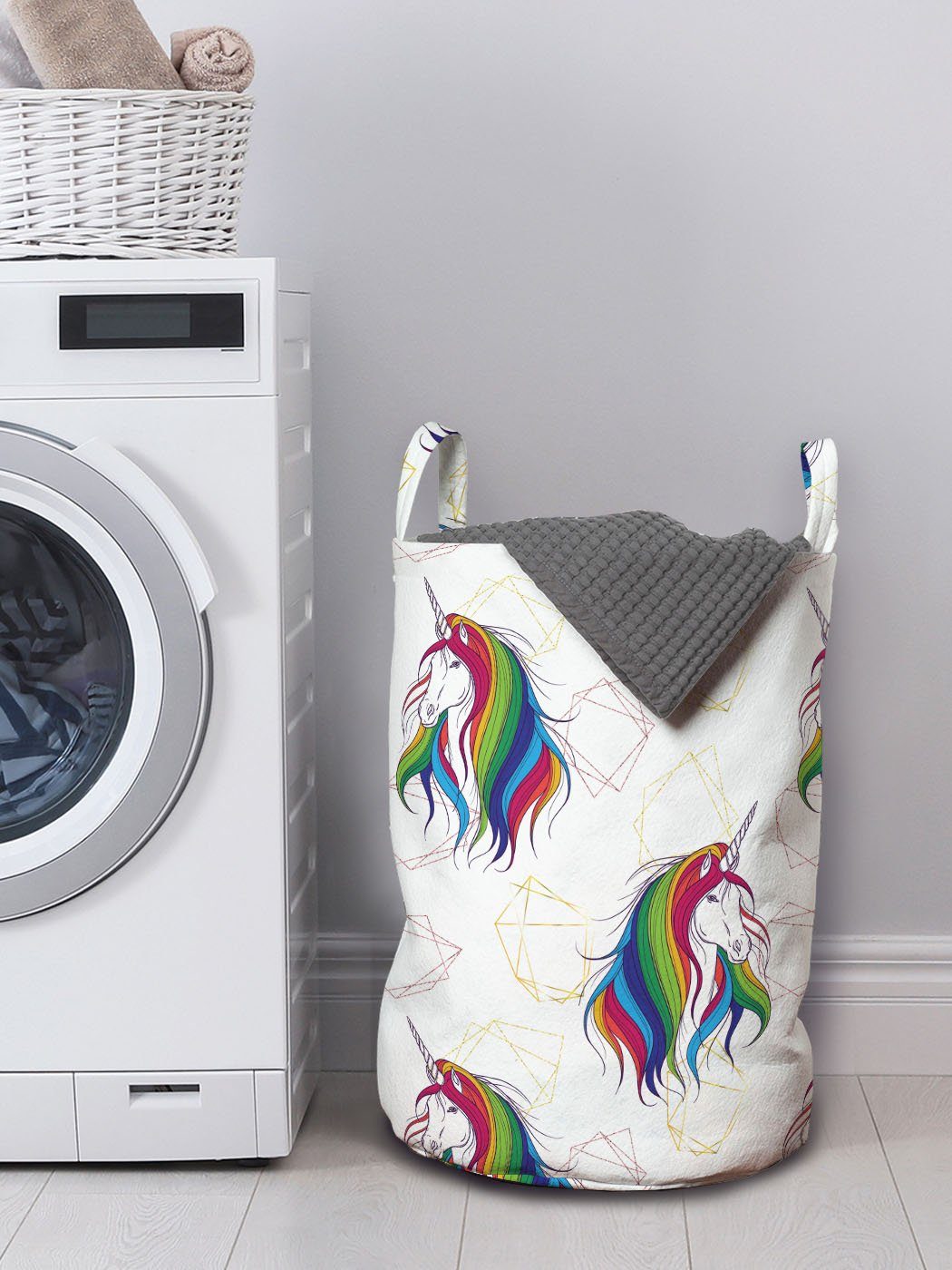 Wäschekorb Wäschesäckchen mit für Kordelzugverschluss Griffen Waschsalons, Abakuhaus geometrische Kunst Fantasie-Pferde Einhorn