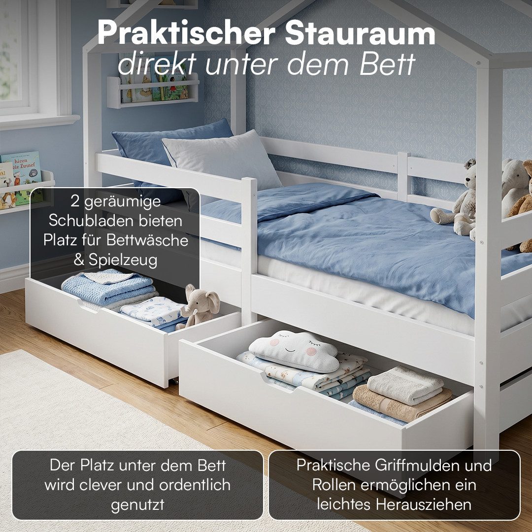Bellabino Hausbett Abia Kinderbett mit Lattenrost und Rausfallschutz (weiß, mit zwei Schubladen), Kinderbett 90x200 cm, verfügbar in verschiedenen Ausführungen – Bild 5 von 5