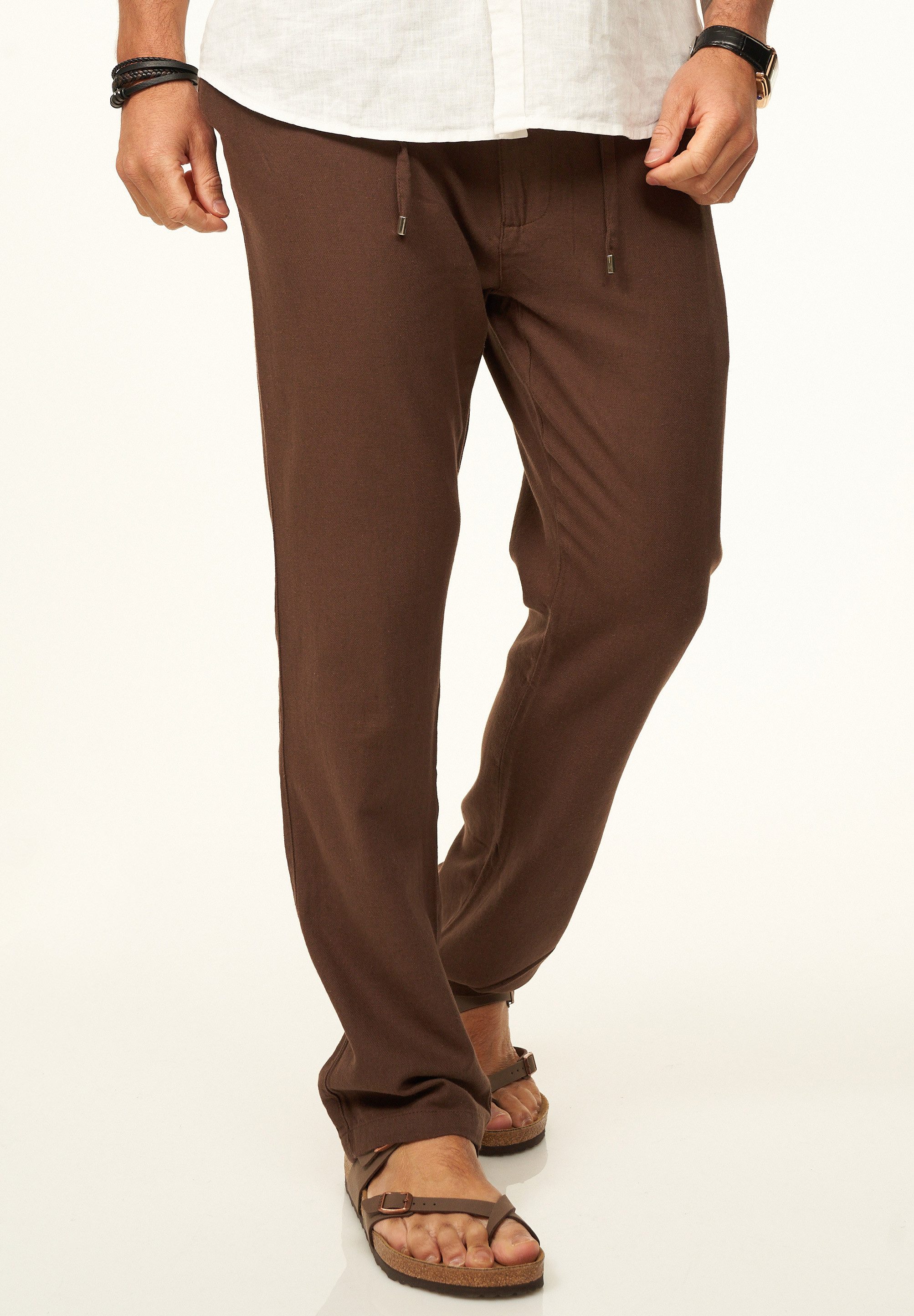 behype Leinenhose im Chinohosen Stil mit Gummibund & Kordel Herren luftige Stoffhose als Sommerhose - Freizeithose