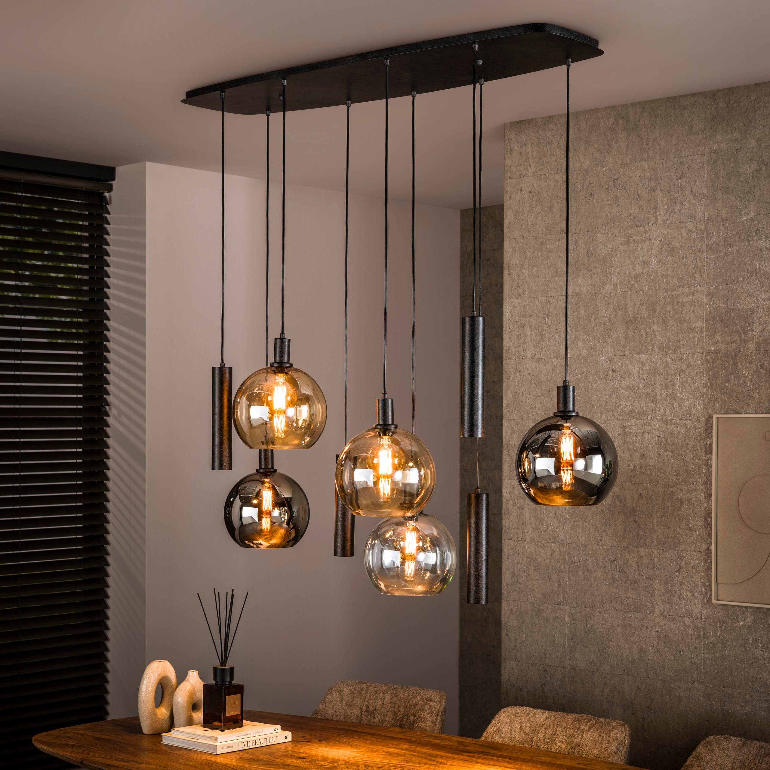 leven! Annekathrin Storkebaum Pendelleuchte Moderne Hängelampe schwarz 9-flammig Glas und Metall Esszimmerlampe, kugelförmigen Glasschirmen in Chrom, Bernstein und Transparent