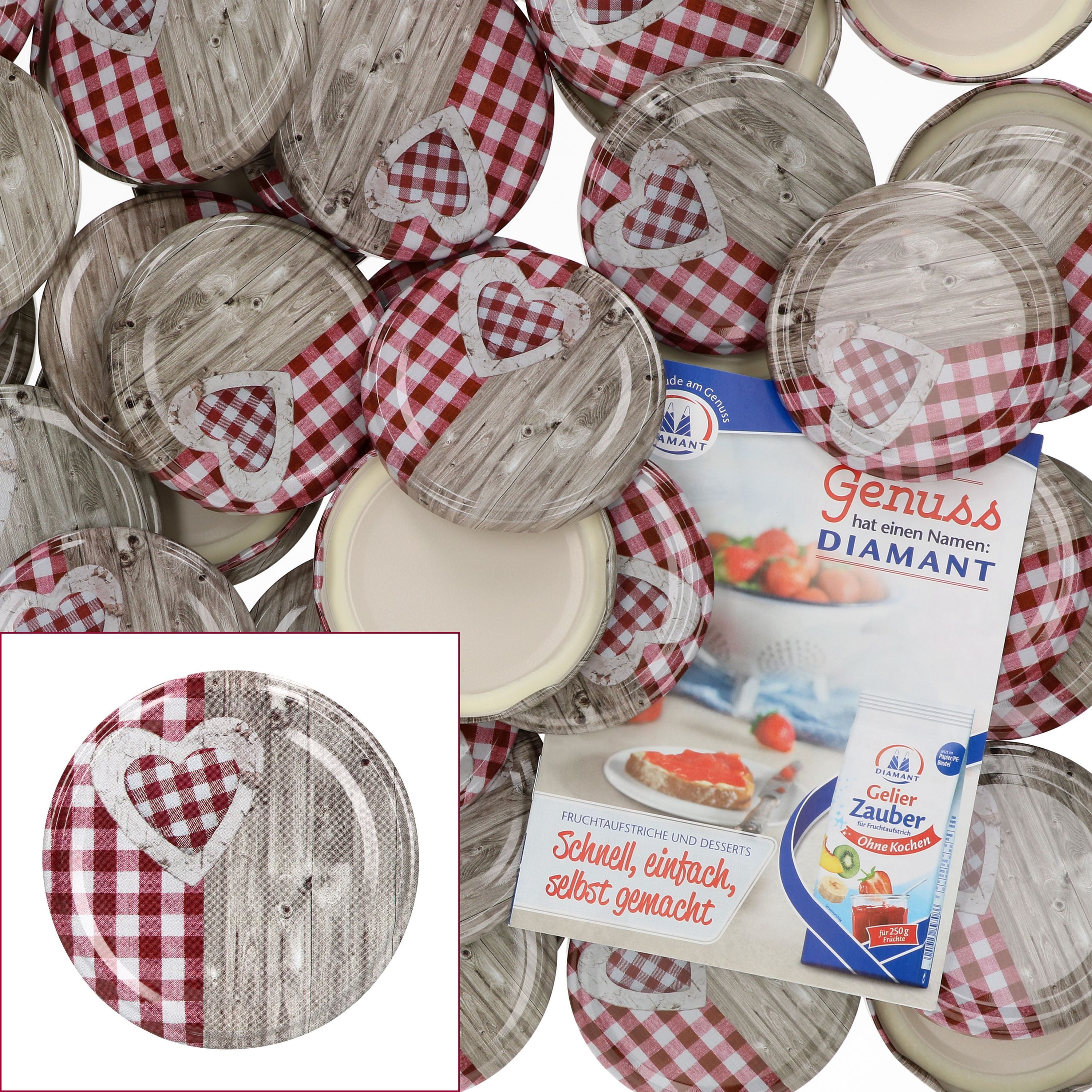 MamboCat Einmachglas 50er Set Deckel To 82 Holz-Herz rot passend für 230ml / 350ml / 435ml, Metall