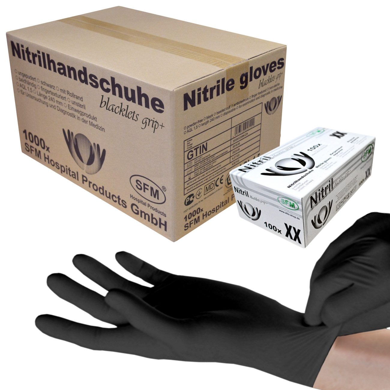 SFM ® Nitril-Handschuhe BLACKLETS GRIP+ : pf F-tex schwarz Einmalhandschuhe günstig online kaufen