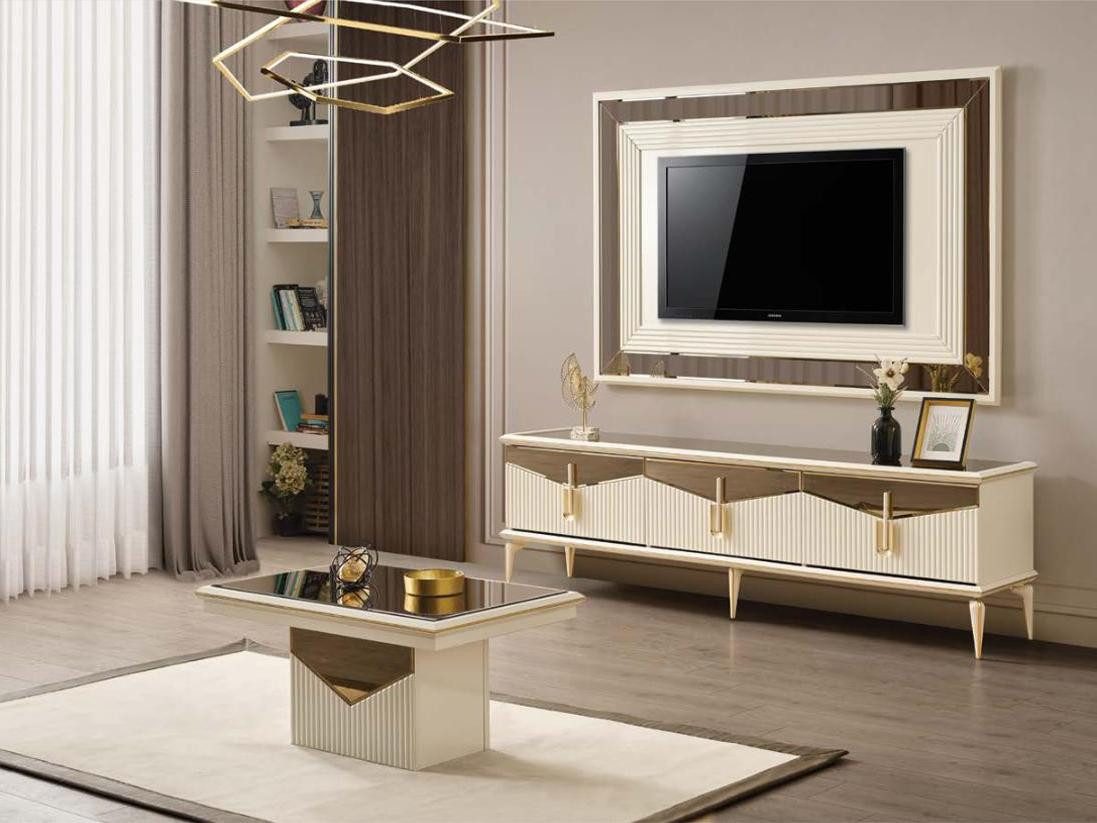 Xlmoebel TV-Schrank Luxuriöse Wohnwand in Gold mit elegantem Design und Stauraum (TV-Ständer + Wandpanel) Hergestellt in Europa
