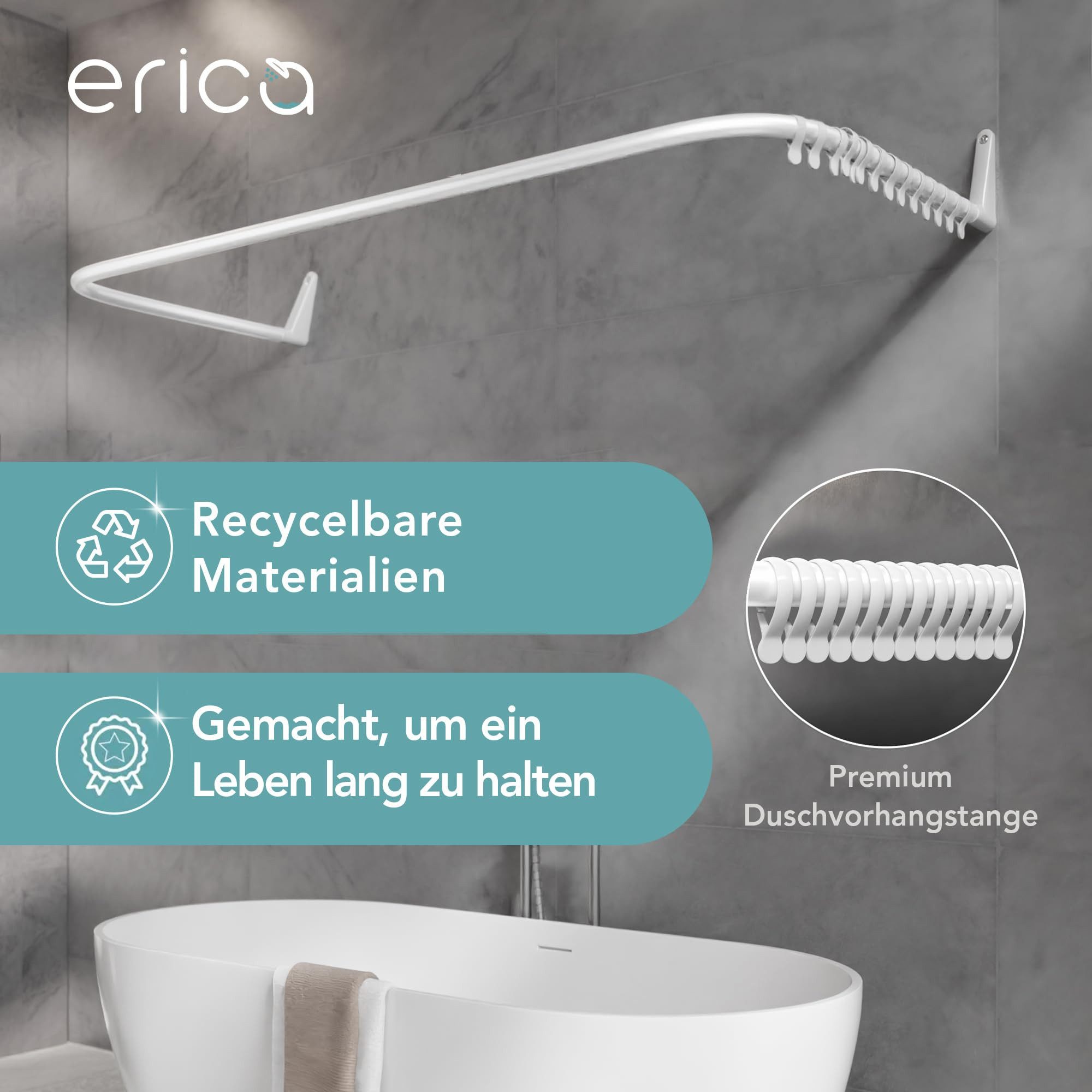 Erica Duschvorhangstange L-form & U-form - 4-in-1 für Badewanne oder Dusche Duschstange Ecke, Stahl mit Pulverbeschichtung - Ohne Deckenhalterung