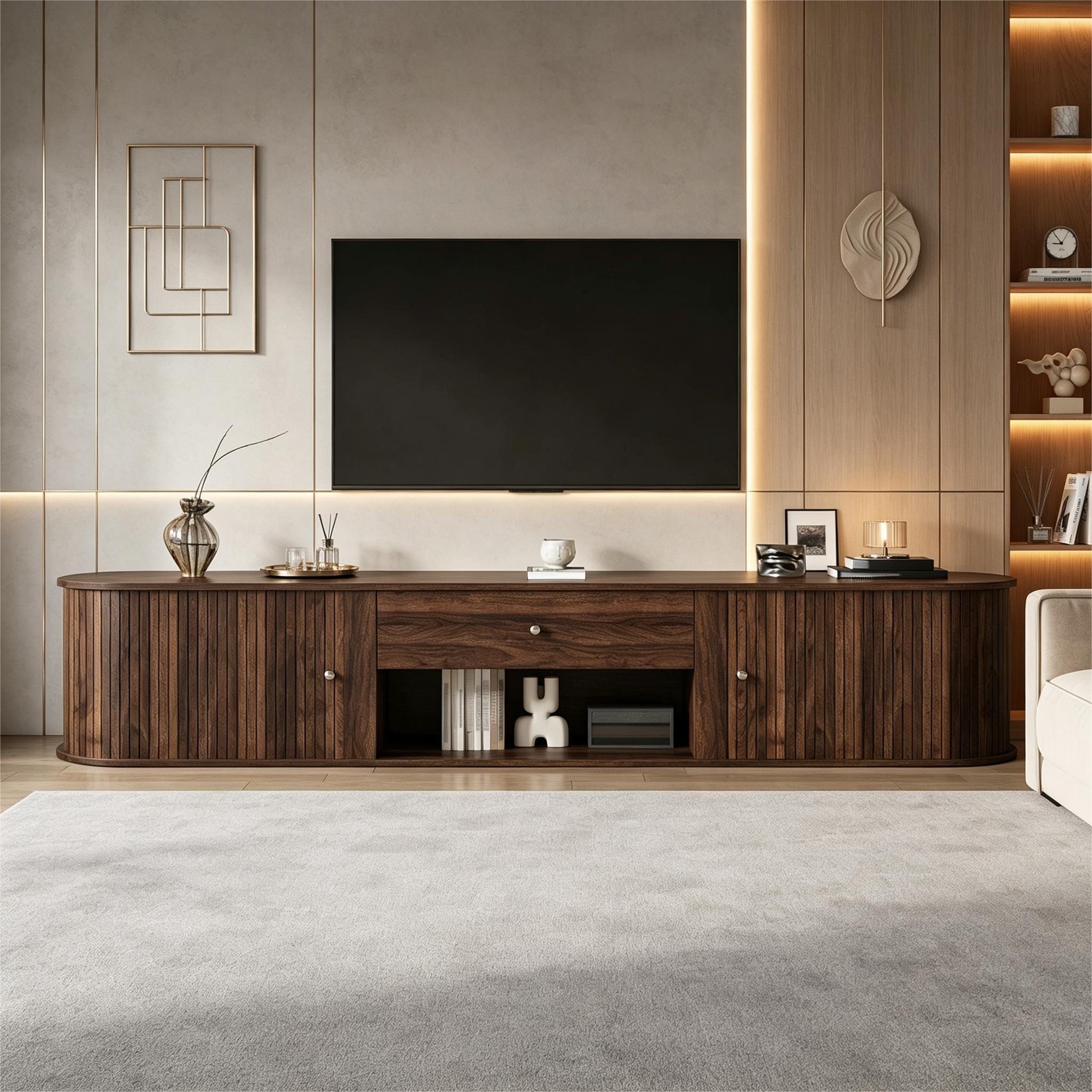 Merax Lowboard mit 2 Rollo-Türen, Schublade und offenem Fach (1 St), TV-Schrank mit abgerundetes Design in Holzoptik, 180x40x40cm