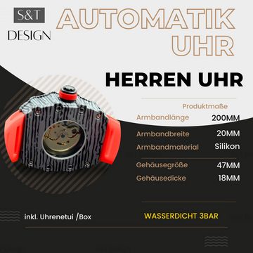 S&T Design Automatikuhr Mechanische Uhr Herren Uhr Skelett Edelstahl, (inkl. Uhrenetui), Mechanische Armbanduhr für Herren Wasserdicht