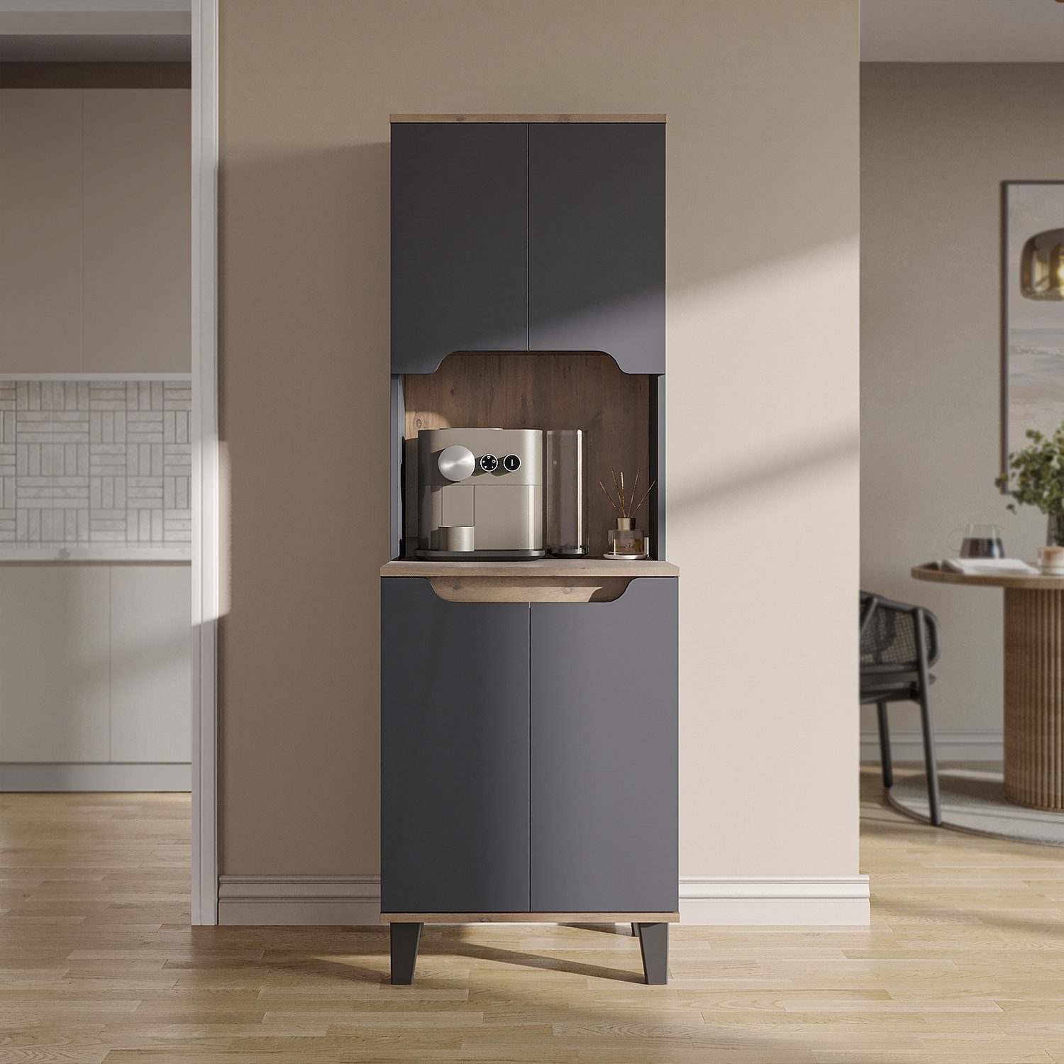 Roomart Küchenbuffet DEFNE mit Nische Kaffeebar Mikrowellenschrank Vorratsschrank, 5 Farben Offene Nische für Kaffeemaschine, 4 Türfächer