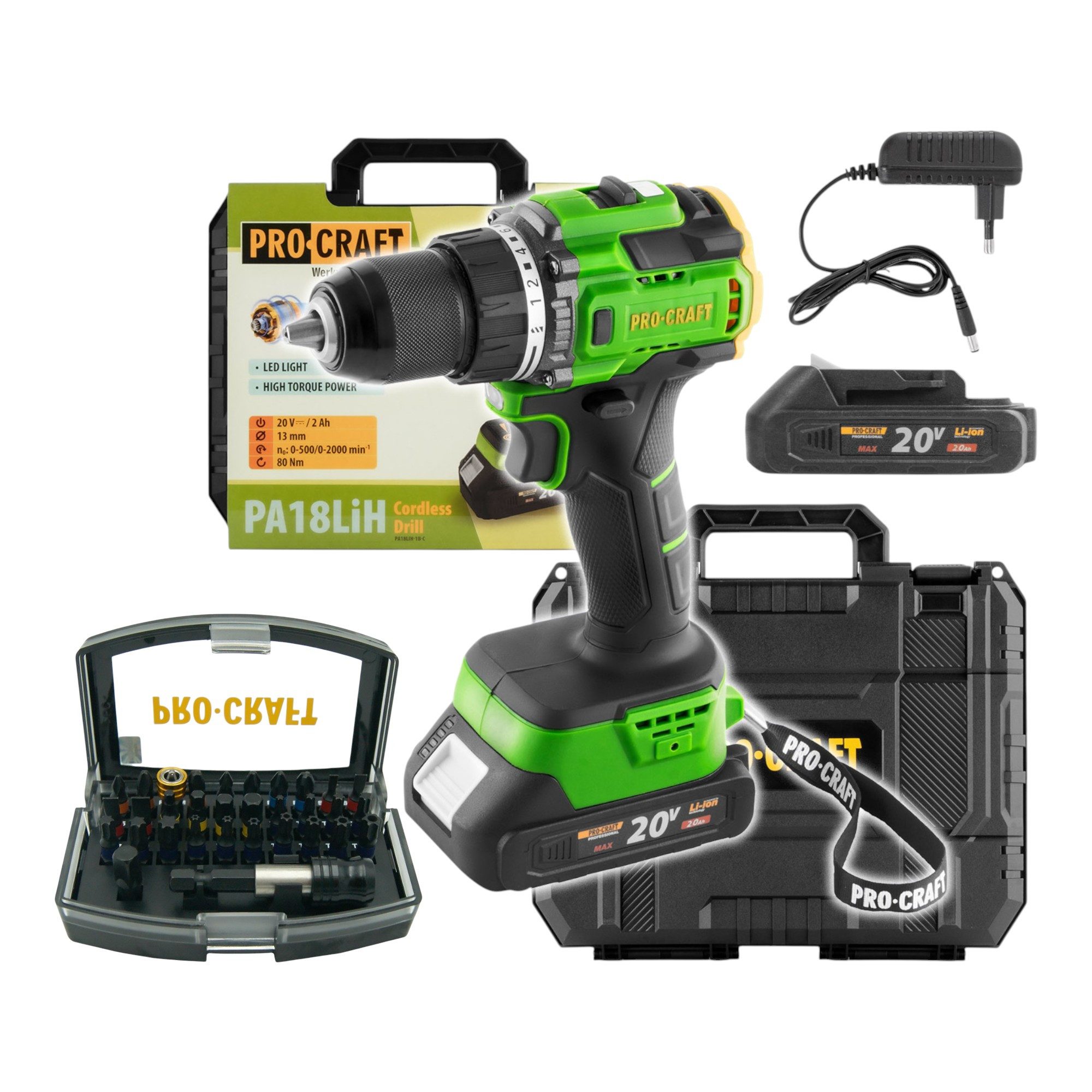 PRO CRAFT Akku-Schrauber Procraft PA18LiH-1B-C Akku Bohrschrauber 20 V 80 Nm + 32 tlg. Bit Set