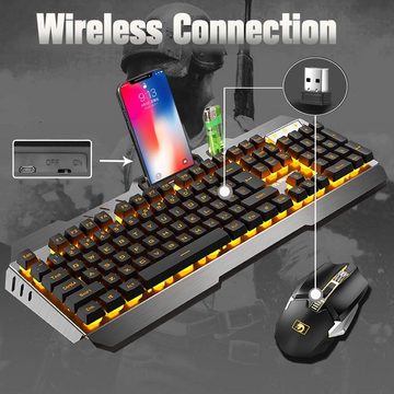 UrChoiceLtd Tastatur- und Maus-Set, UK-Layout-Tastatur,2,4G Kabellos,Farbiges LED-Licht,3000 mAh Akku