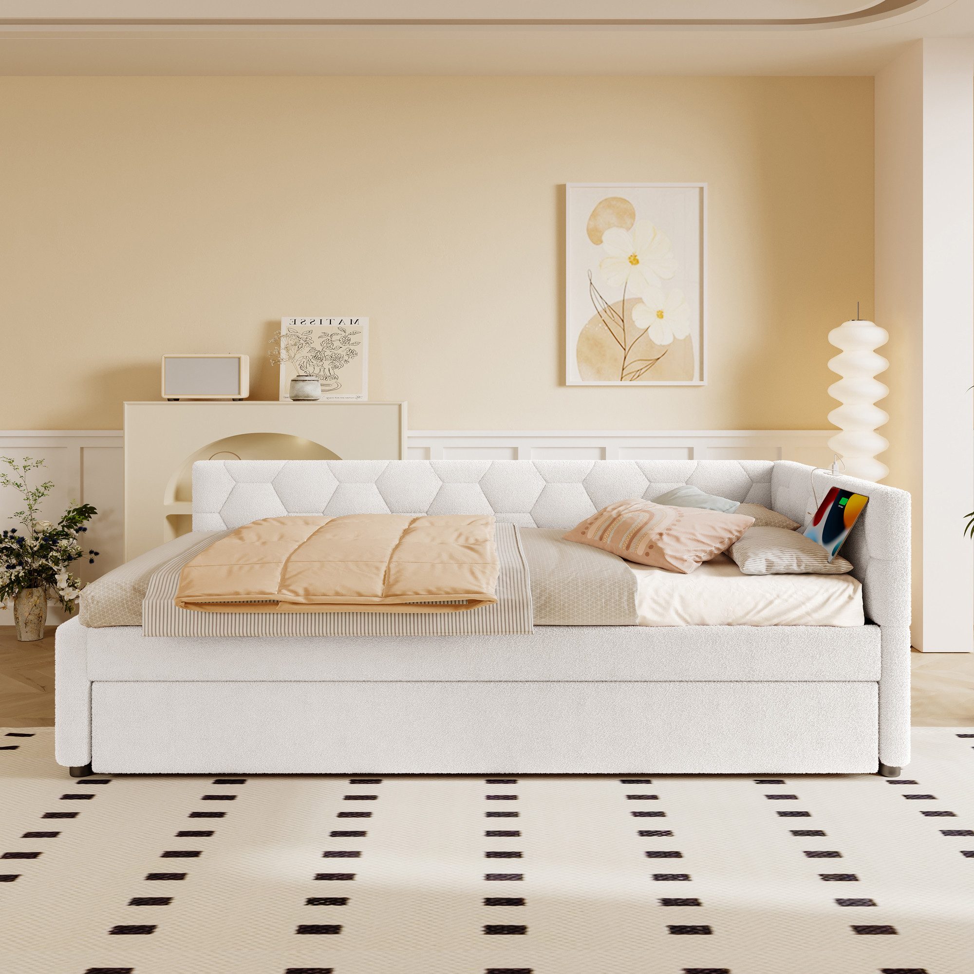 Flieks Daybett, Polsterbett Kinderbett 90x200cm mit Ausziehbett 90x190cm, USB & Typ-C
