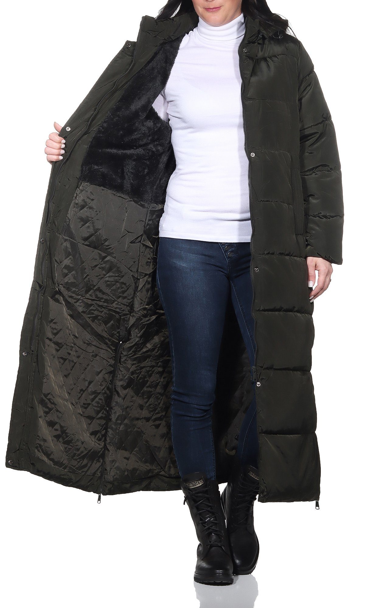 Aurela Damenmode Steppmantel Longmantel gefütterter Damen Wintermantel Teddyfell, abnehmbare Kapuze, in großen Größen erhältlich