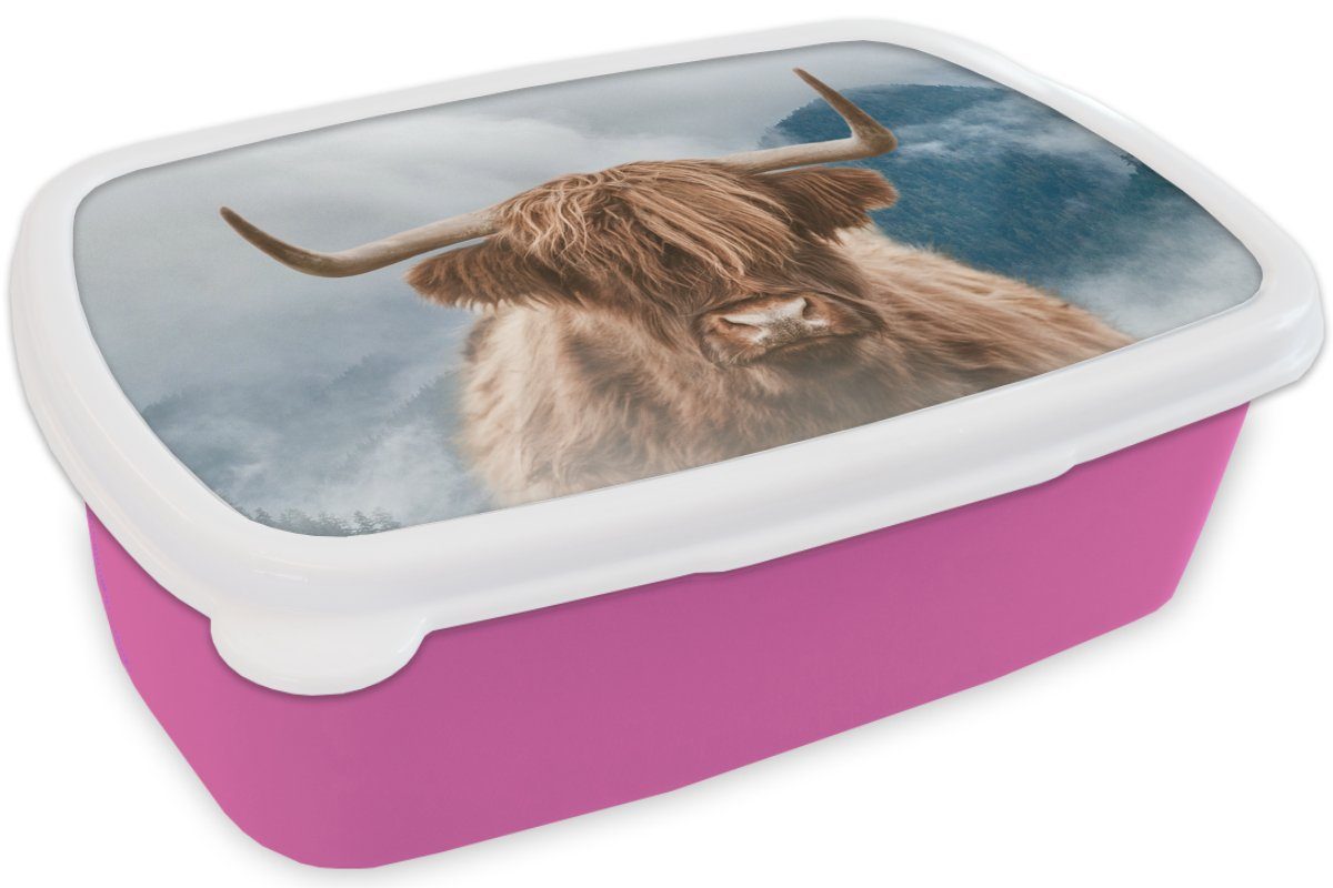 Highlander Kunststoff, Brotbox für Kinder, Erwachsene, Nebel, Brotdose Mädchen, rosa (2-tlg), Berg Kunststoff Snackbox, MuchoWow Schottischer - Lunchbox -