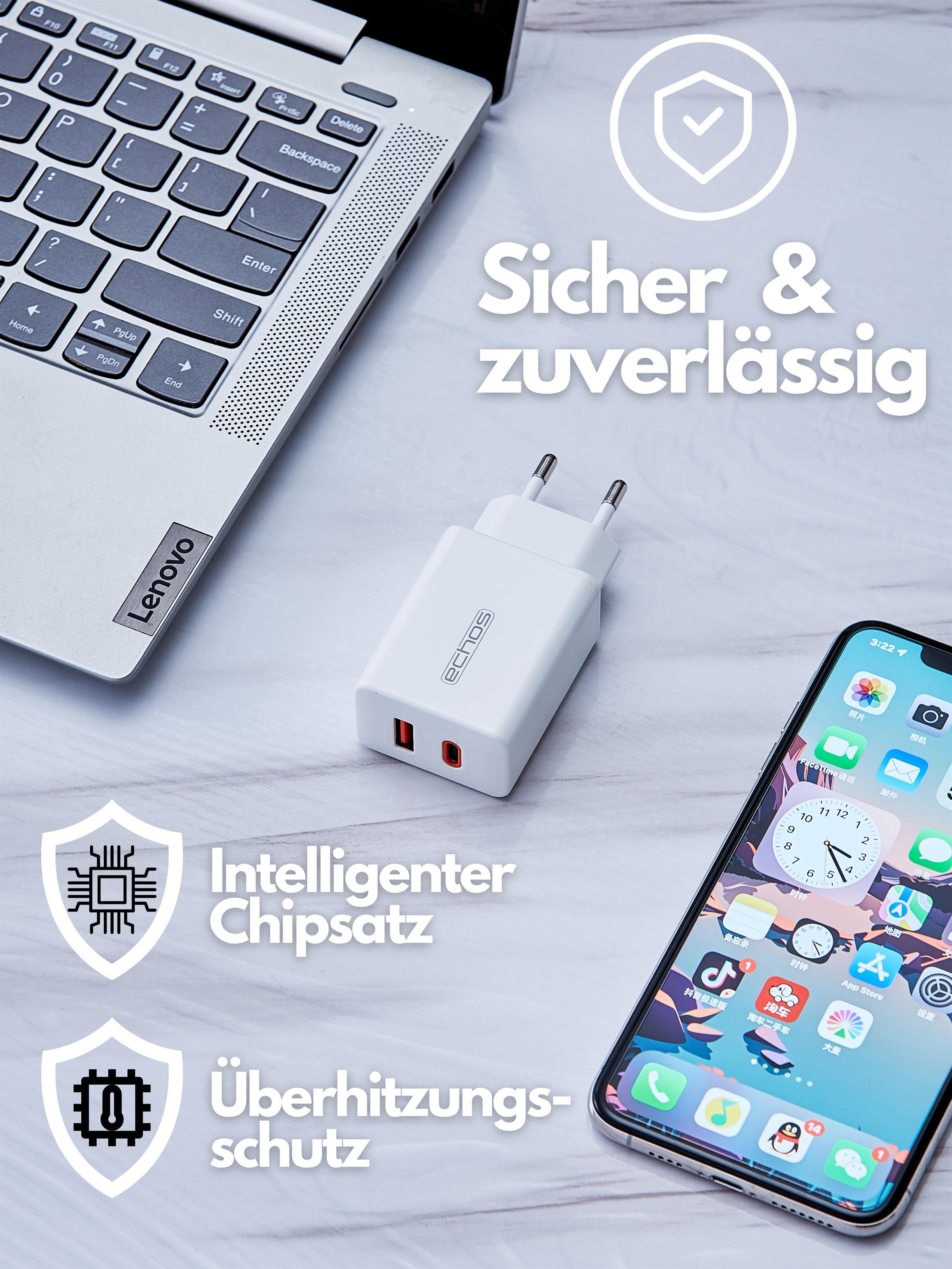 echos Eco-4042 Schnelllade-Gerät (Set, 25 Watt Schnellladegerät, Dualport, USB-C + USB-A, QC3.0, PD, PPS)