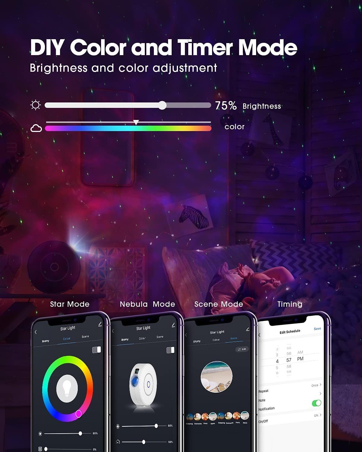 Schwarz DOPWii Nachtlicht Projektor, mit WiFi Galaxy RGB Dimming/Stimmenkontrolle/3D LED Projektor, Sternenhimmel