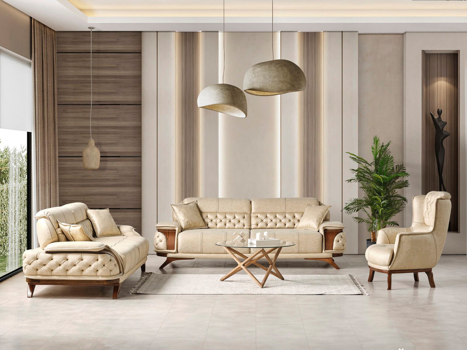 JVmoebel Chesterfield-Sofa JVMoebel Chesterfield Dreisitzer in Beige aus Kunstleder, Packung 3 Teile, Made in Europa