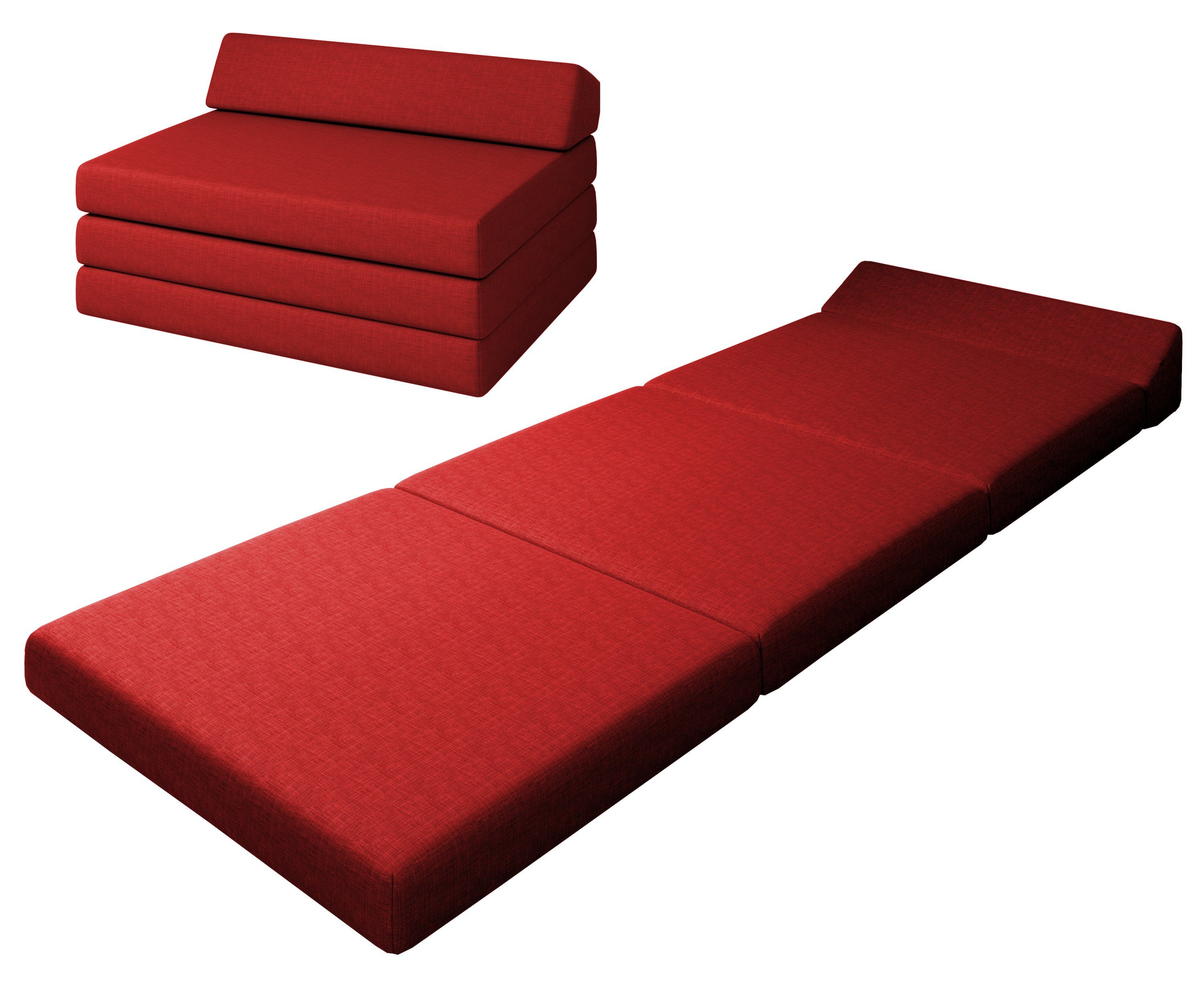 Klappmatratze Premium Klappmatratze mit Kopfteil, sunnypillow, 80x220x10cm Rot, 4-teilige Faltmatratze mit abnehmbarem Bezug