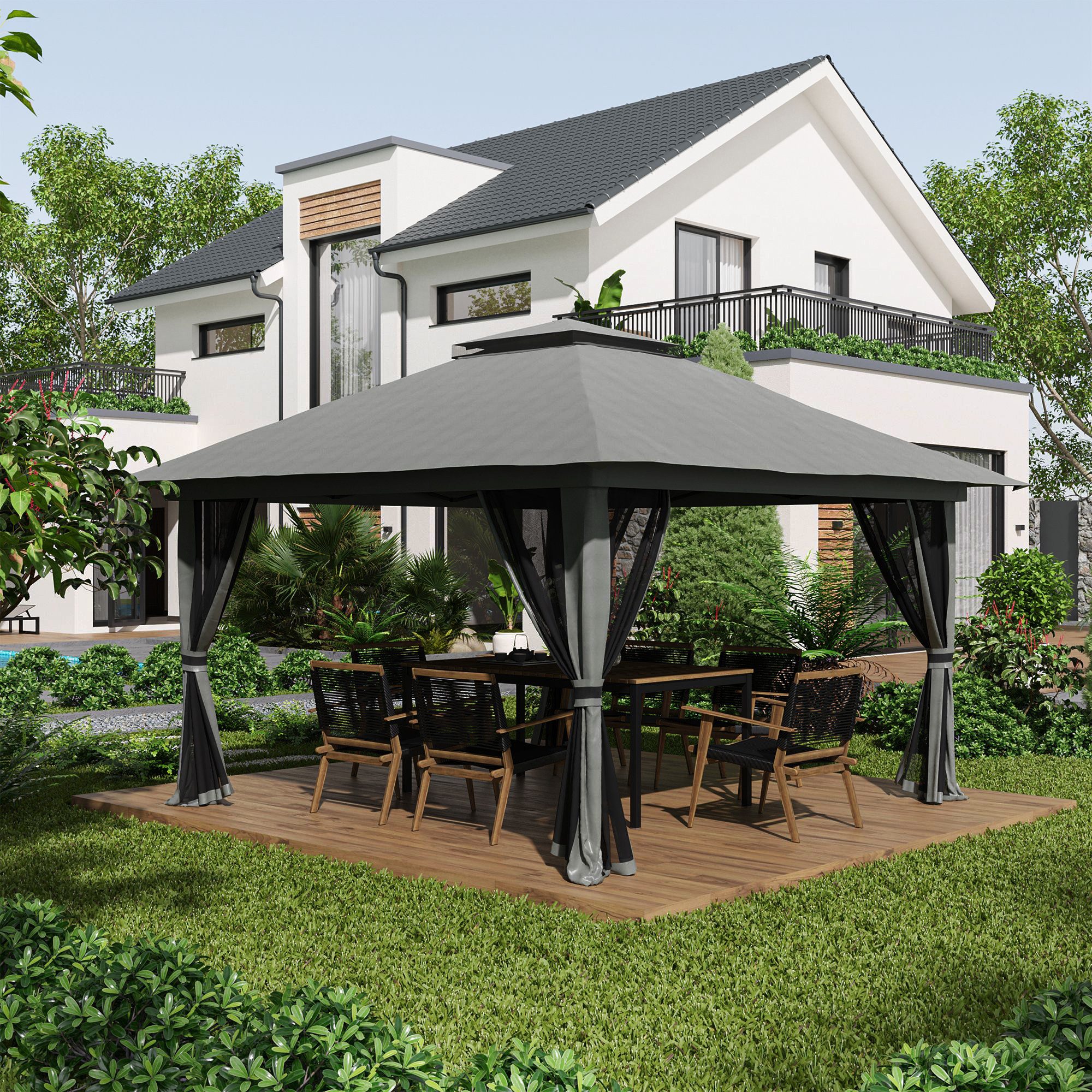 Outsunny Faltpavillon Pavillon 4x4m Stabil Winterfest Pop-up Gartenpavillon, mit 4 Seitenteilen, (Faltpavillon, Pavillon), für Garten, Balkon, Dunkelgrau
