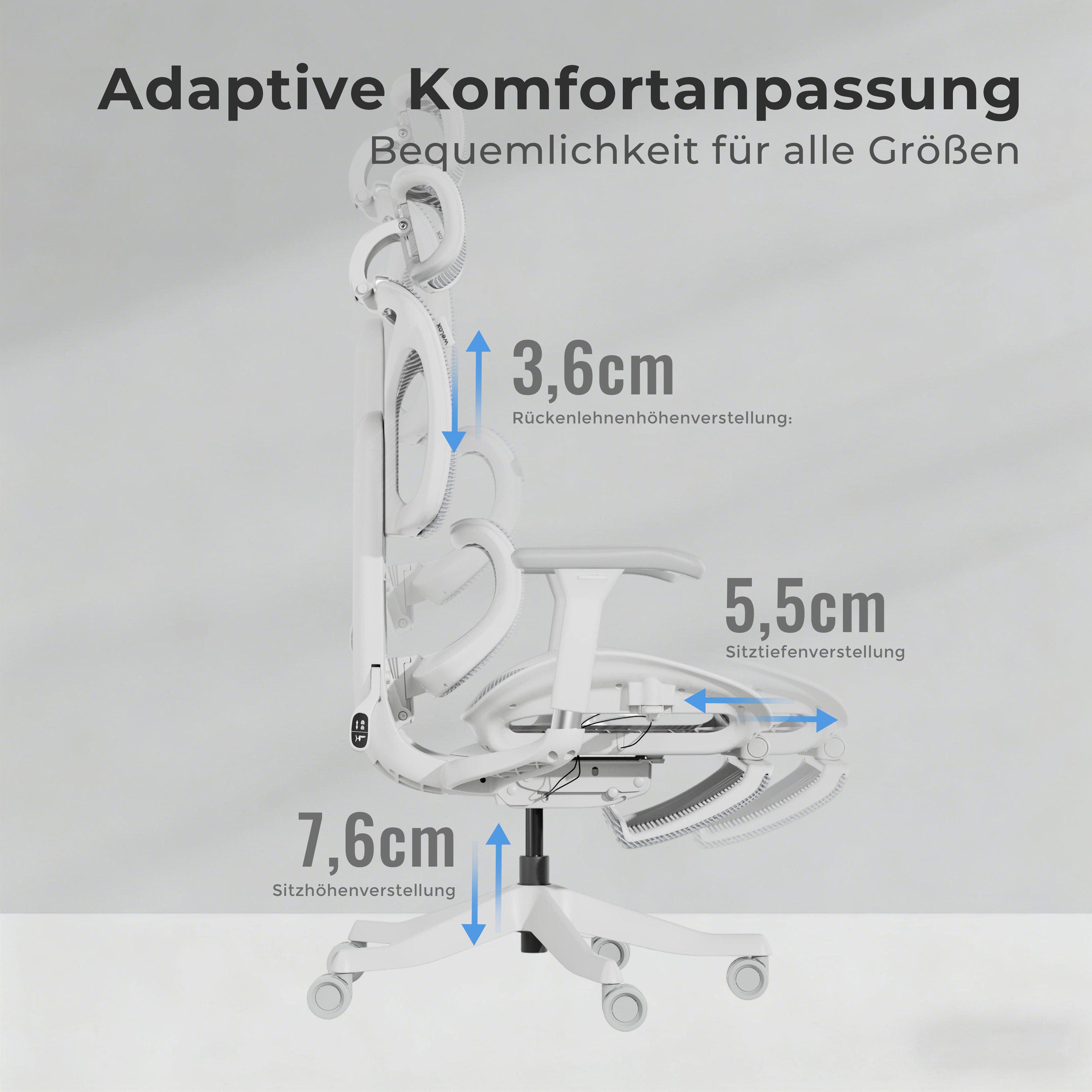 welax Bürostuhl mit Lendenstütze & Rollen, 3D-Kopfstütze, 3D-Armlehnen (1 St), ergonomischer Drehstuhl, Computerstuhl, Schreibtischstuhl – Bild 5 von 5