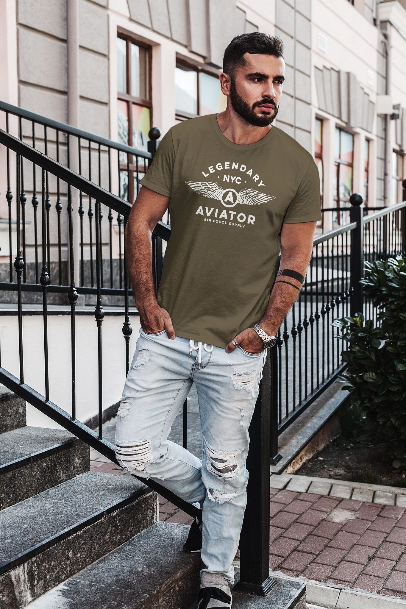 Print NYC Force Flügel Air Legendary grün mit Print-Shirt Neverless Streetstyle Herren Neverless® Luftwaffe T-Shirt Fashion Aviator